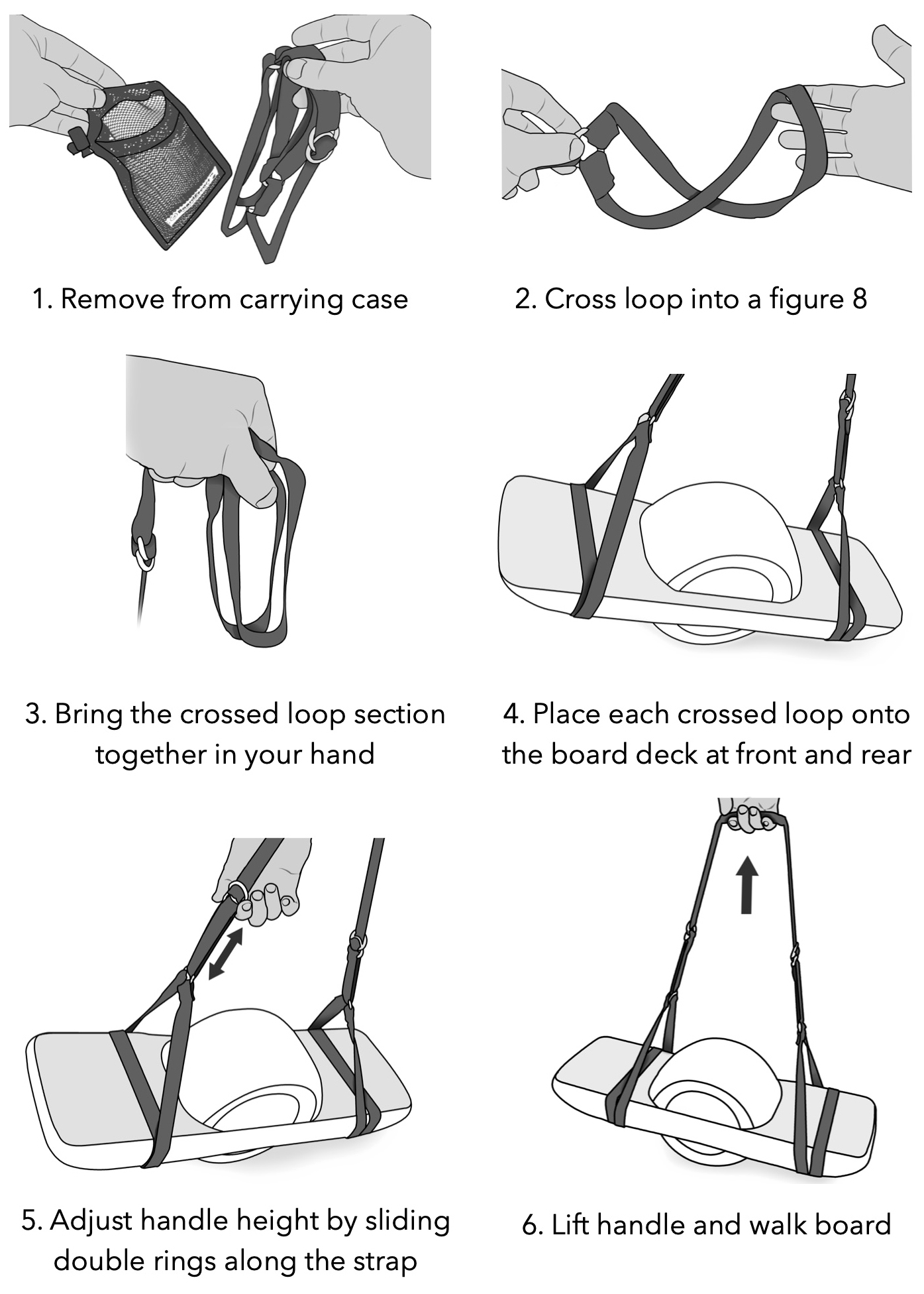 Step-by-step instructions for assembling a walker. First, remove from carrying case; second, cross loop into a figure 8; third, bring the crossed loop together in your hand; fourth, place each crossed loop onto the board deck at front and rear; fifth, adjust handle height by sliding double rings along the strap; sixth, lift handle and walk board.