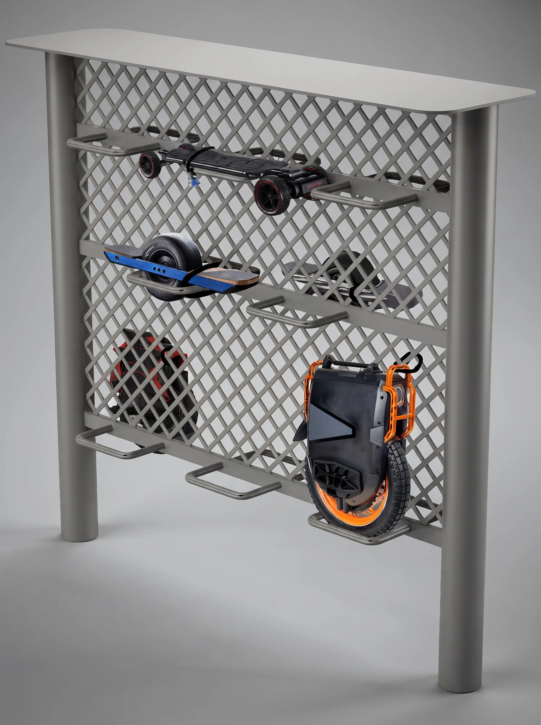 A modern metal rack with multiple shelves holding a skateboard, a one-wheeled electric scooter, a skateboard, and a portable electronic device, set against a plain gray background.