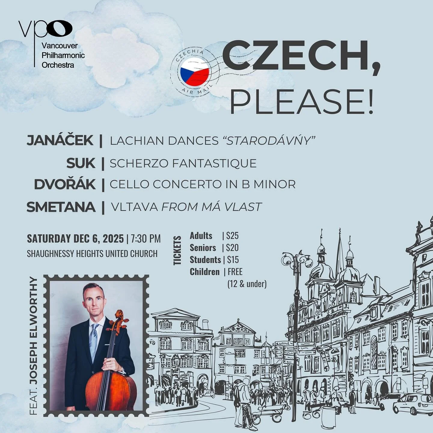 Czech, Please! ☑️ Get your ticket today for the second VPO concert of the 2025-26 season, featuring Janacek, Suk, Dvorak, Smetana AND our fabulous soloist, Joseph Elworthy! See you all on Saturday December 6, 2025 at 7:30pm 🎶 tickets are available i
