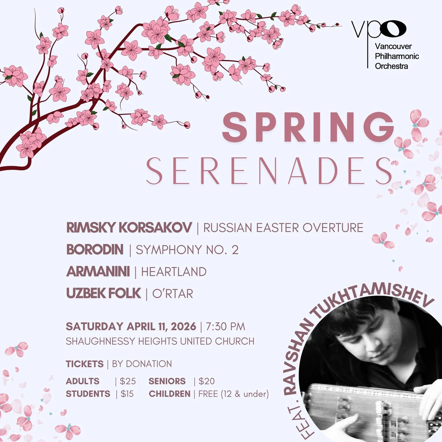 We can't wait to see you see you at our next concert: Spring Serenades, featuring Ravshan Tukhtamishev.

We will be performing some exciting repertoire, featuring Traditional Uzbek folk music with special performances from Ravshan on the Uzbek Chang.