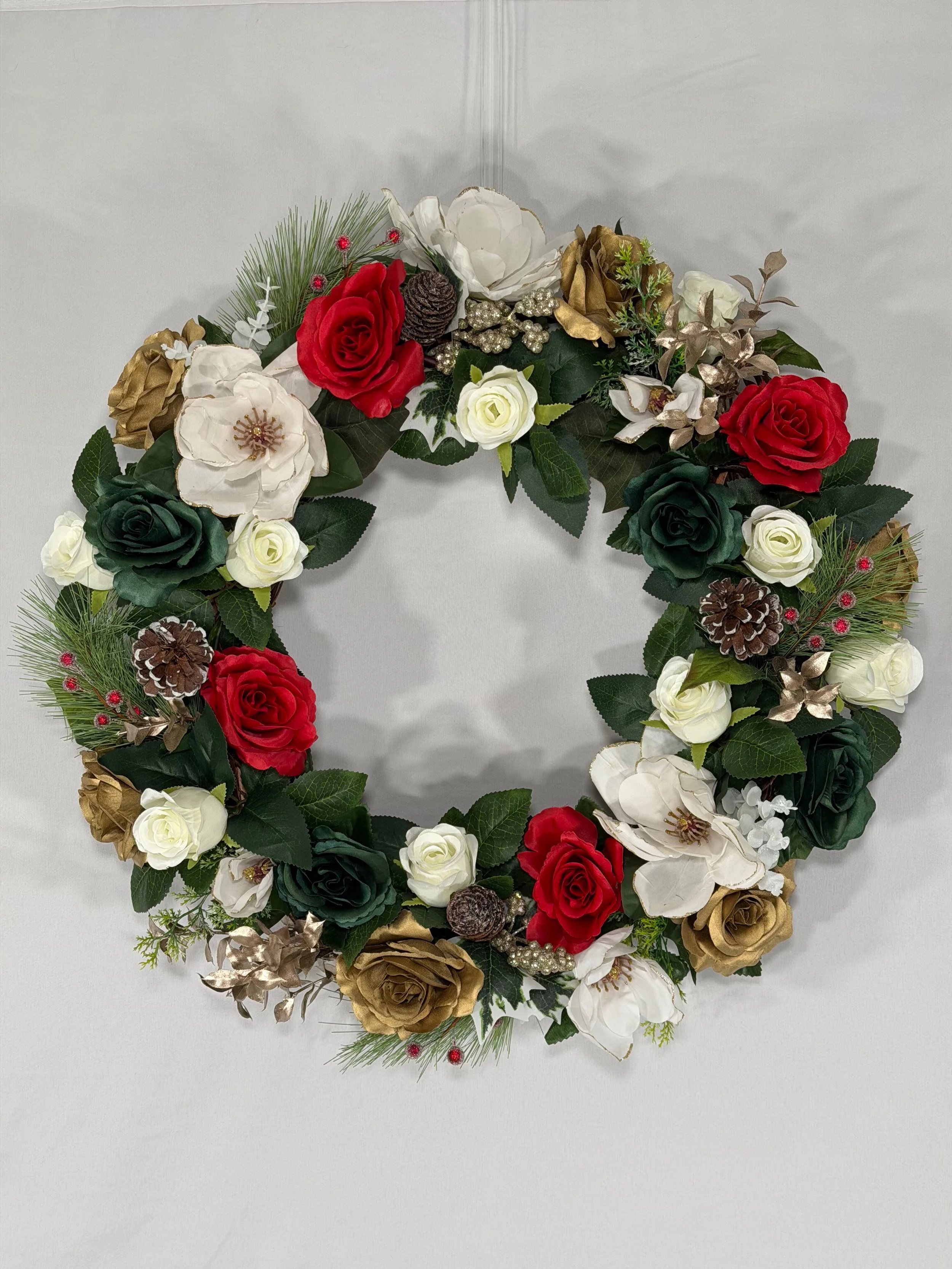 Christmas Multicolor Open Roses w/ Magnolias and Pinecones