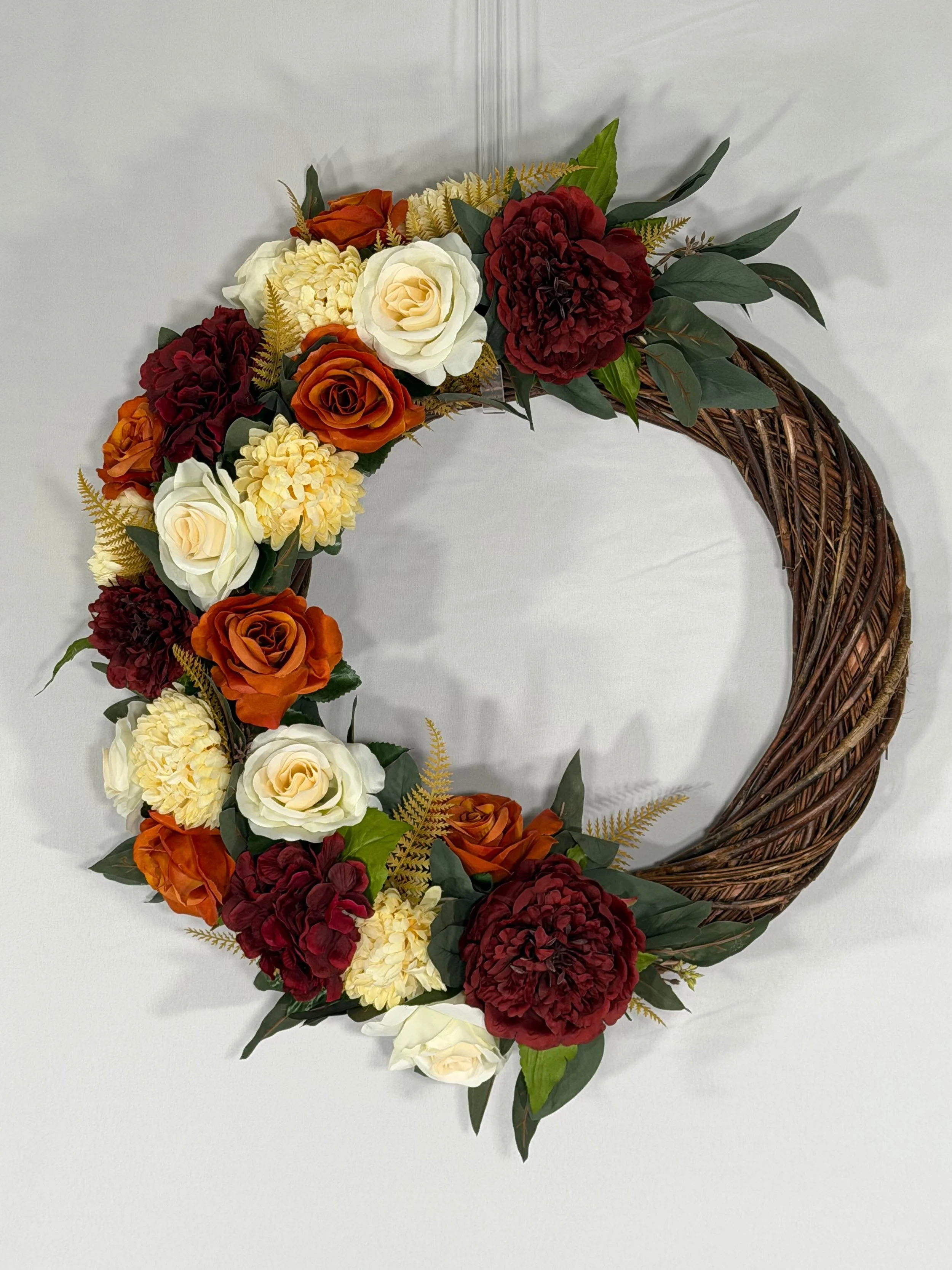Fall Wreath w/ Variety of Open Roses, Eucalyptus, Mum, Hydrangea, and Fern