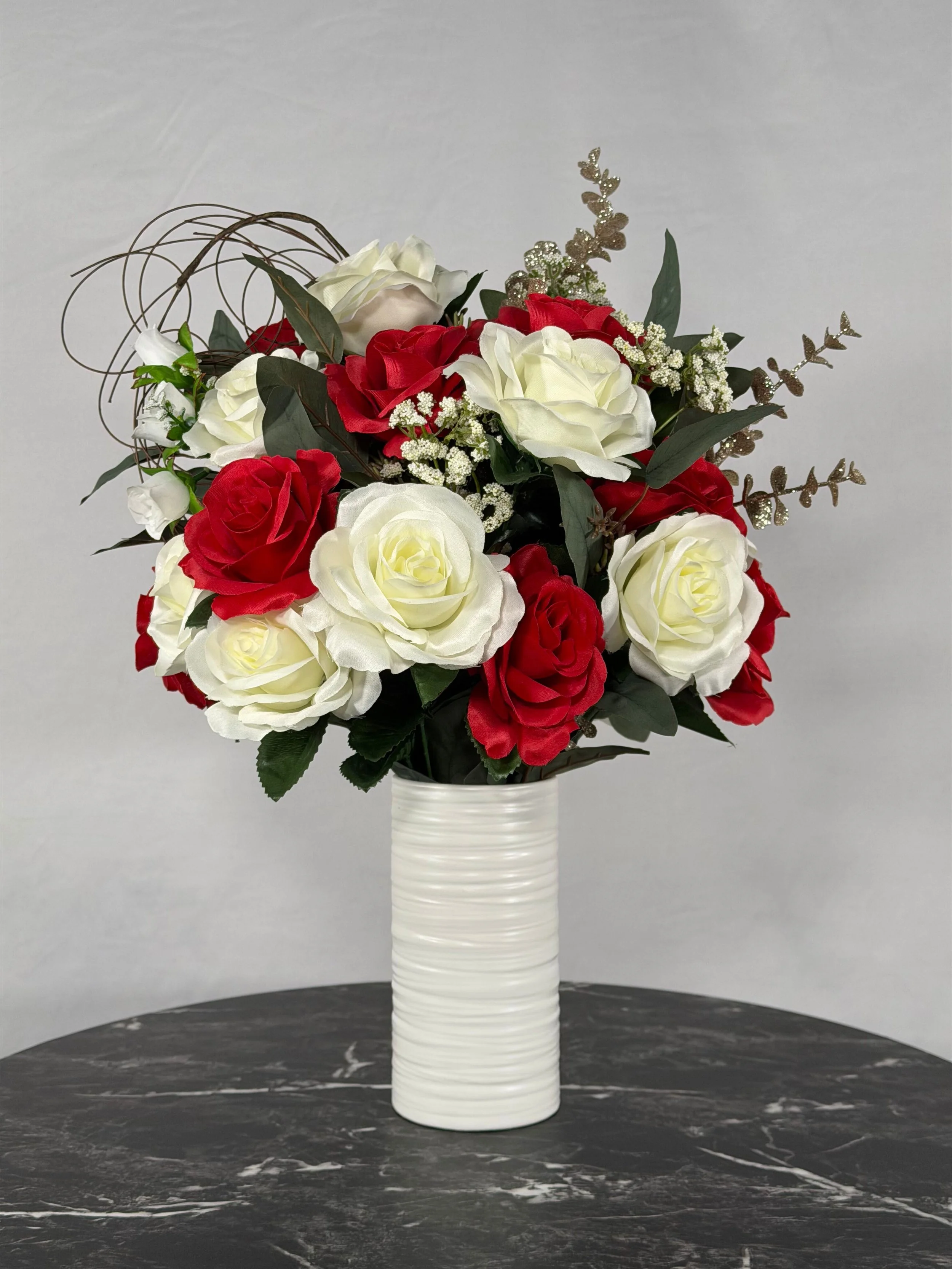 Red & White Roses w/ Baby's Breath/Gold Eucalyptus
