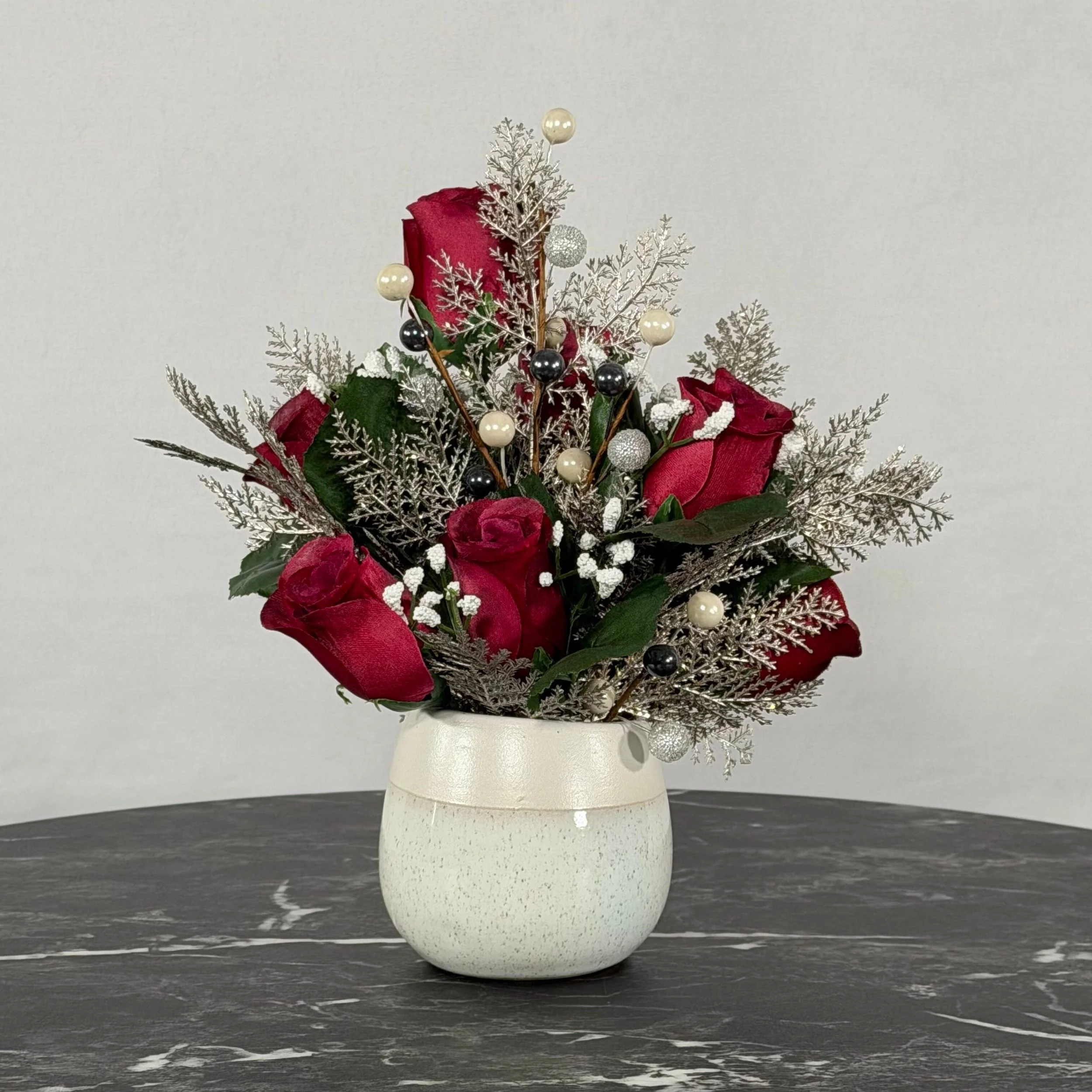 Burgundy Rosebuds w/ Beads & Silver Spruce
