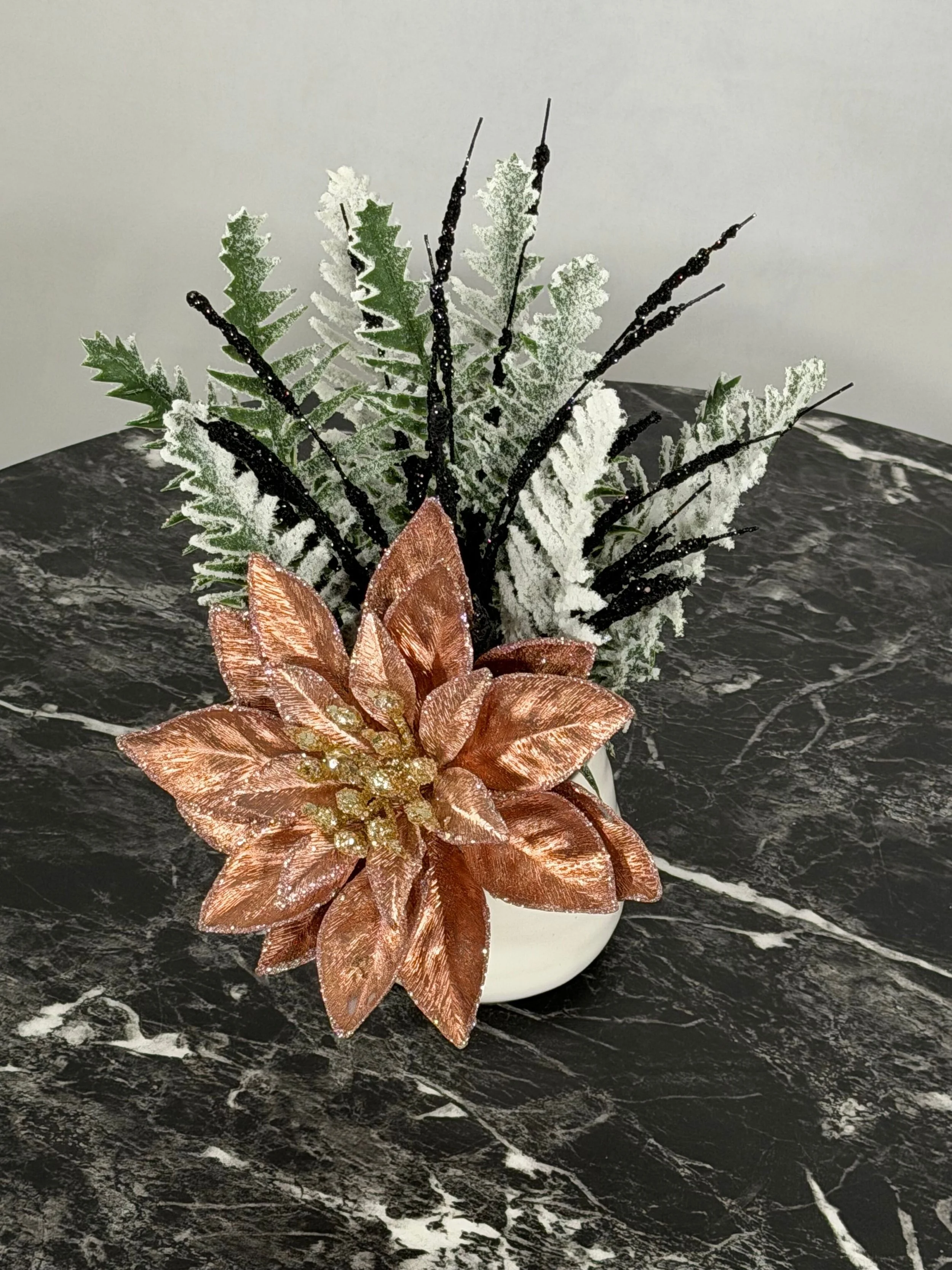 Rose Gold Poinsettia w/ Snowy Fern and Spray