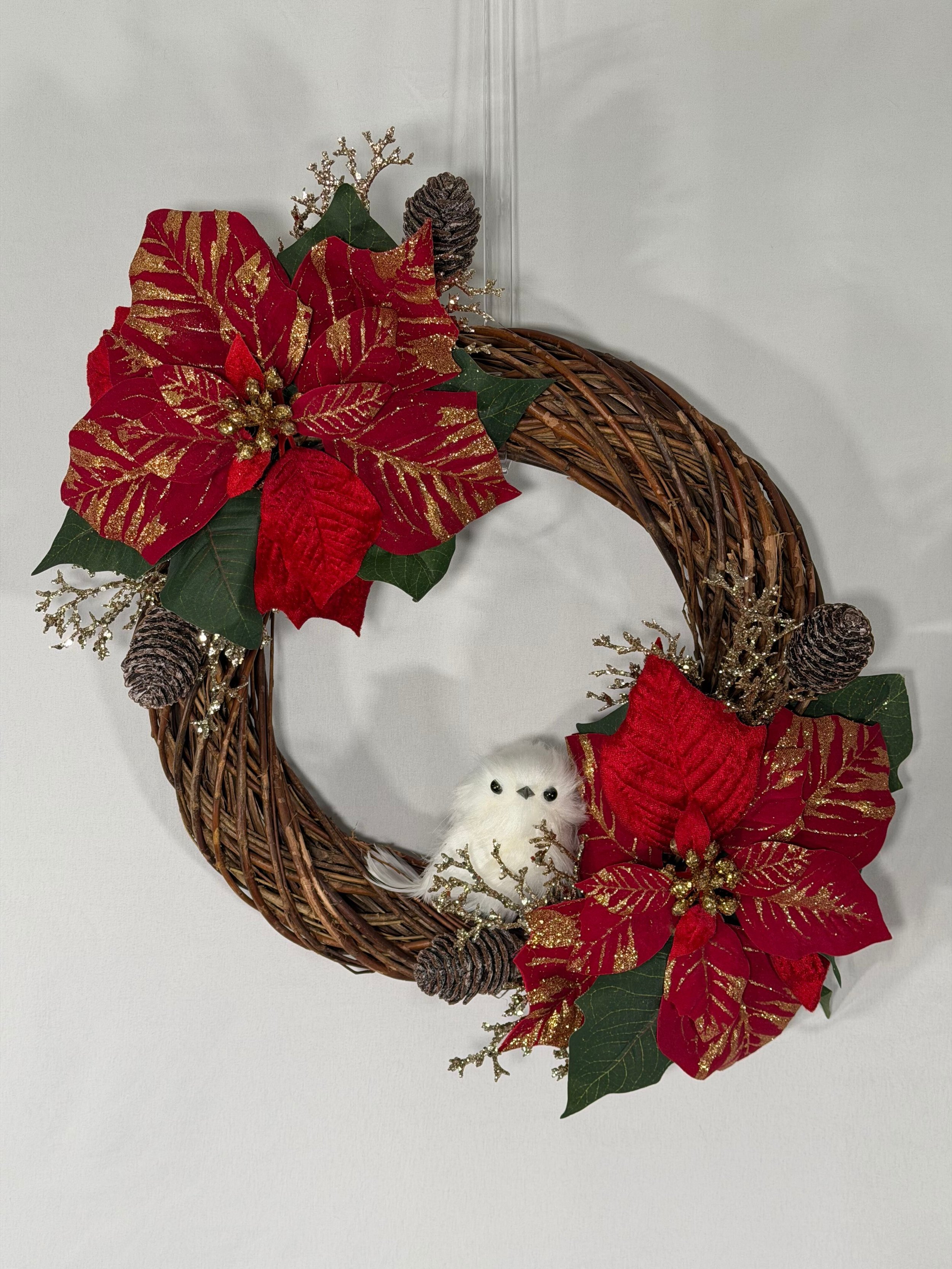 Christmas Wreath w/ Red Poinsettia and Owl