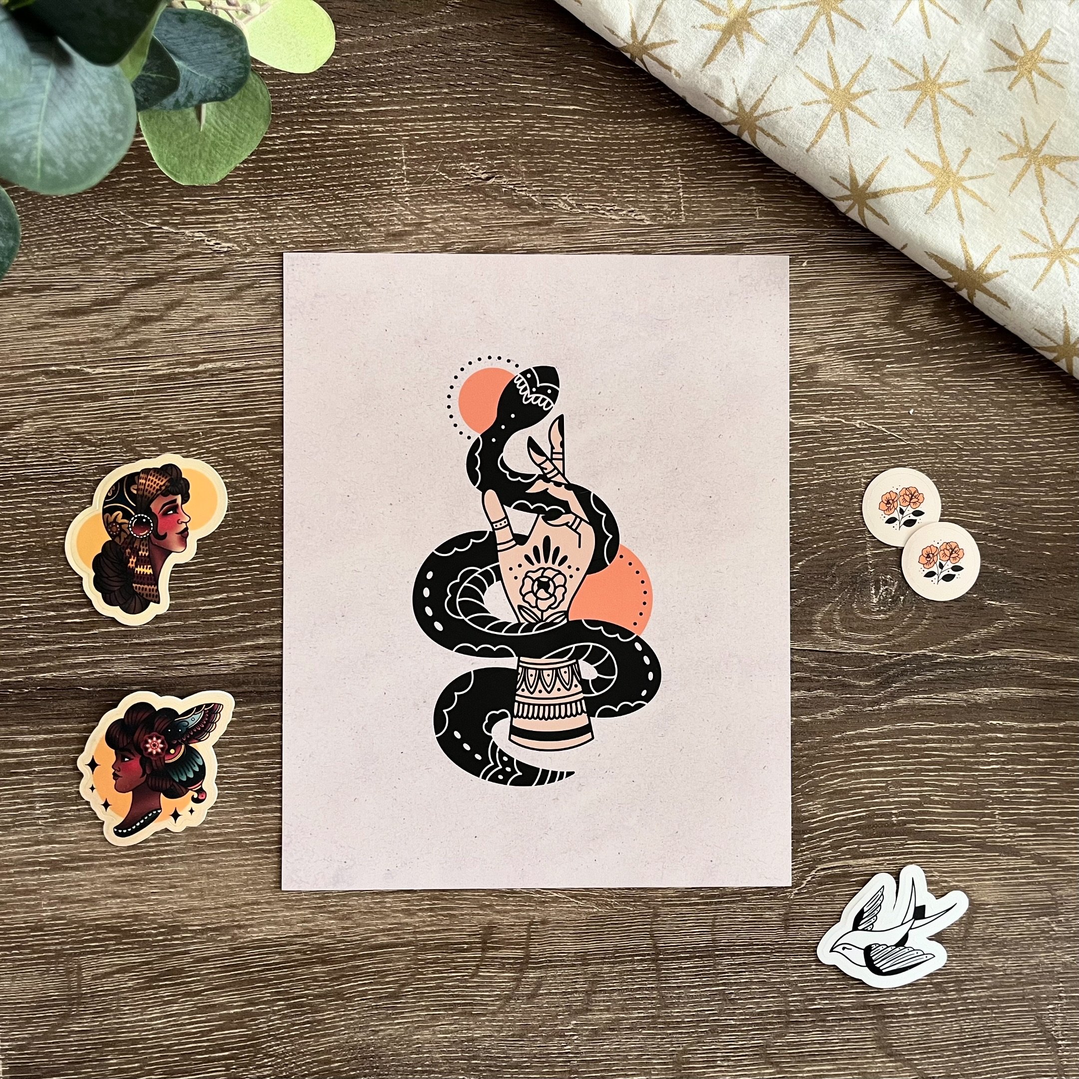 One of my absolute favorites from my print collection. 🐍🖤 This piece is an ode to traditional tattoos and resonates with my witchy spirit. Are you also witchy aesthetic obsessed? Tag your fellow kindred spirits who would appreciate this enchanting 
