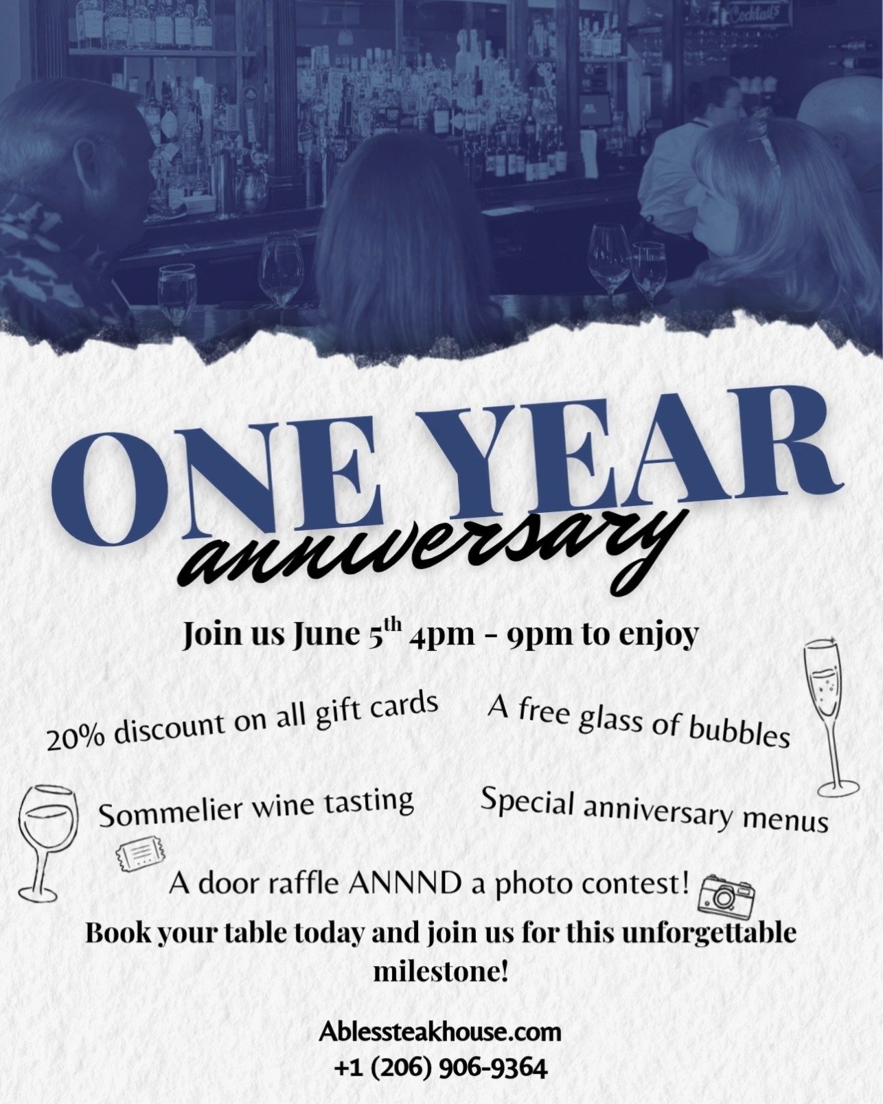 We're coming up on our ONE YEAR ANNIVERSARY! Join us this coming thursday for an unforgettable night! Come in to enjoy 20% discount on all gift cards, a free glass of bubbles, special anniversary menus, sommelier wine tasting, a door raffle and a pho