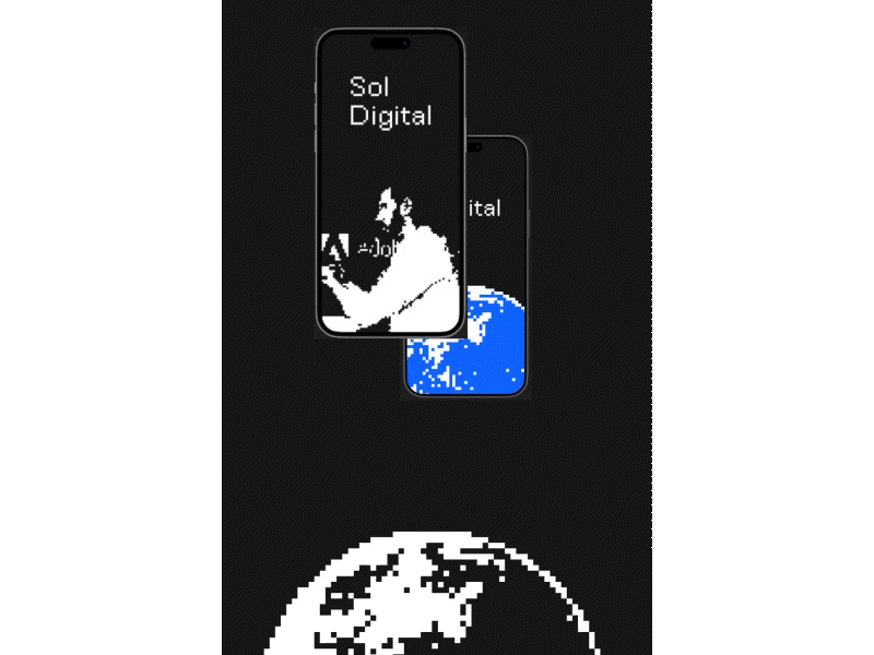 Rotating pixel earth with two iPhones above displaying a pixelated view of a man speaking on the phone
