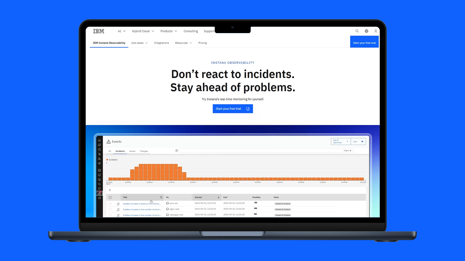 A laptop on a bright blue background displaying the various UI panels of IBM's Instana Observability software