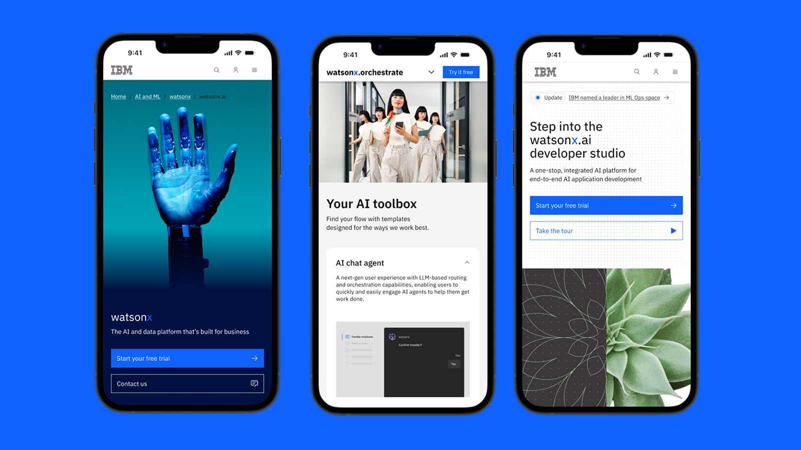 A collection of mobile phones displaying multiple pages of the IBM website