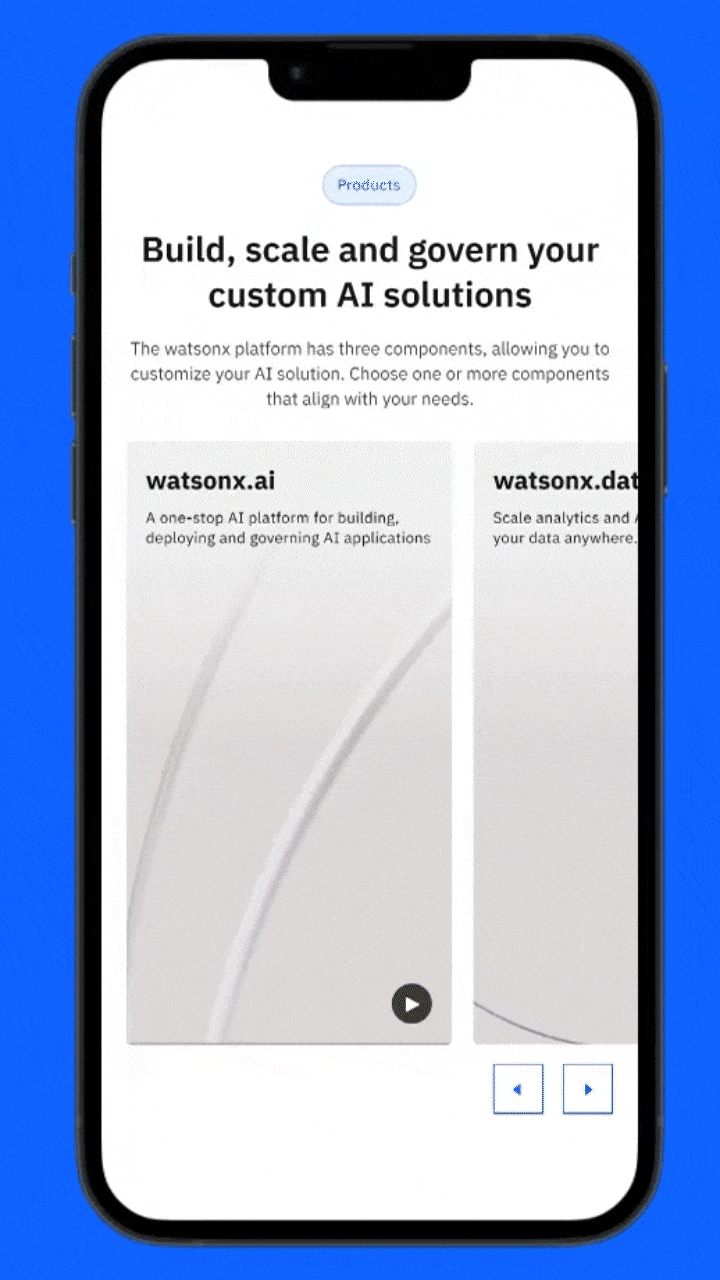 An iPhone on a royal blue background displaying 3 cards with abstract animations