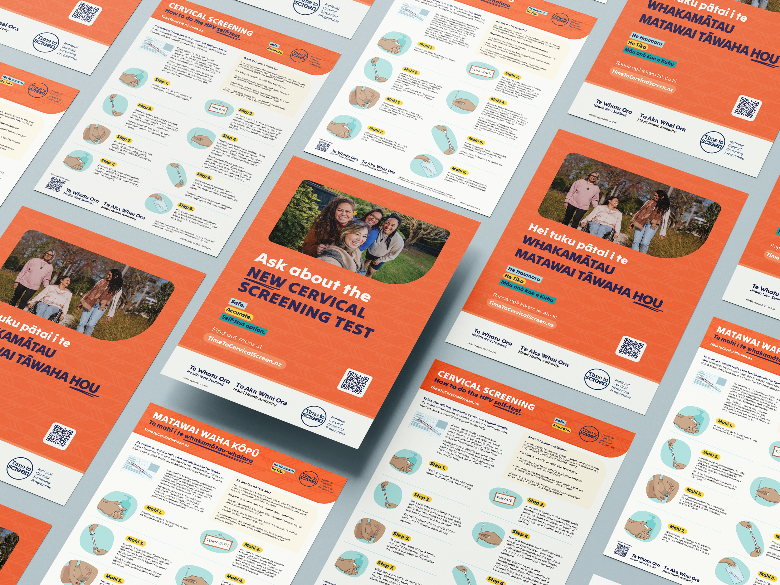 Promotional flyers about a new cervical screening test, with information on performing an HPV self-test. The materials are in English and Maori, highlighting benefits like safety, and featuring images of diverse women. Includes hotline numbers and a
