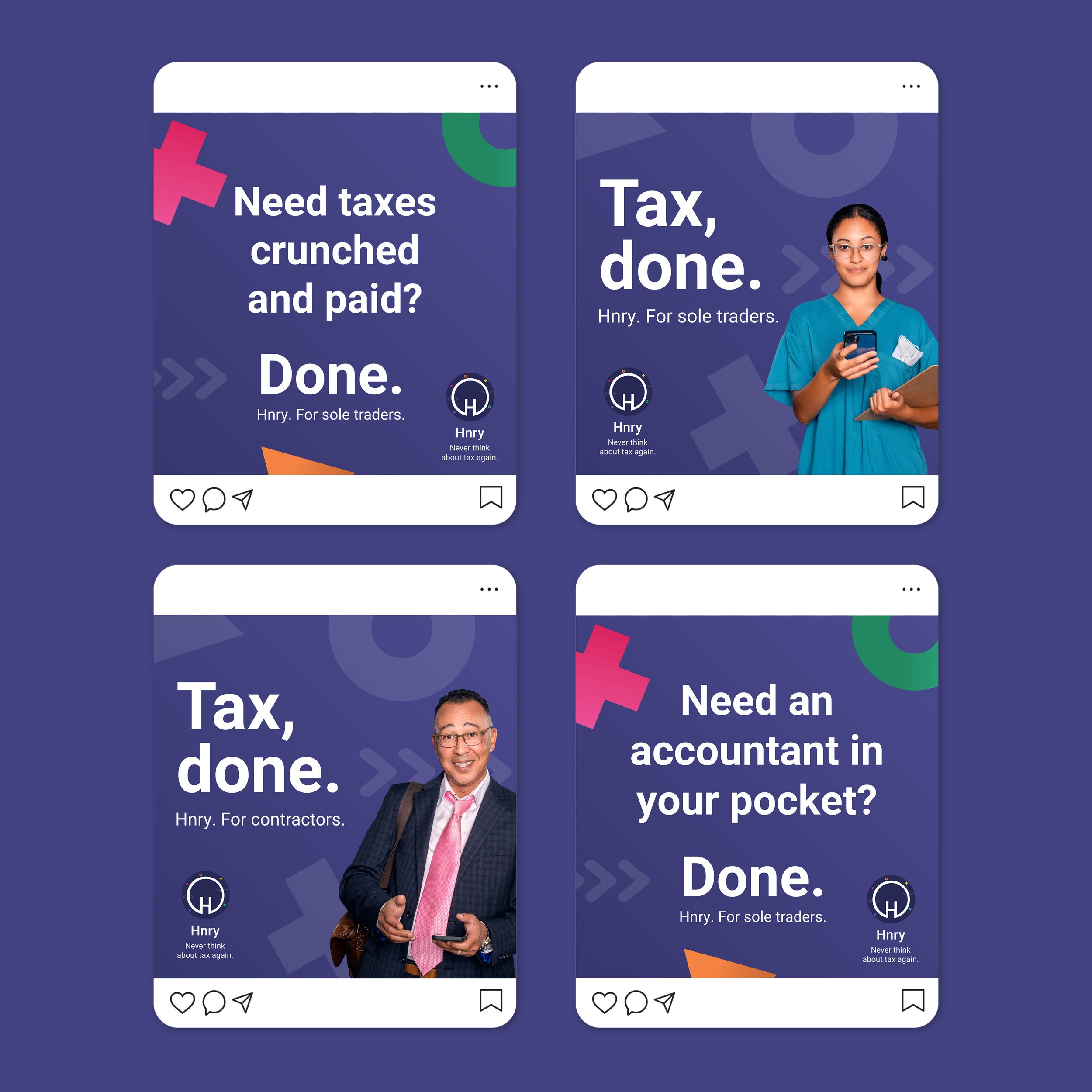 Digital social media tiles for Hnry service featuring text about tax solutions and images of diverse professionals.