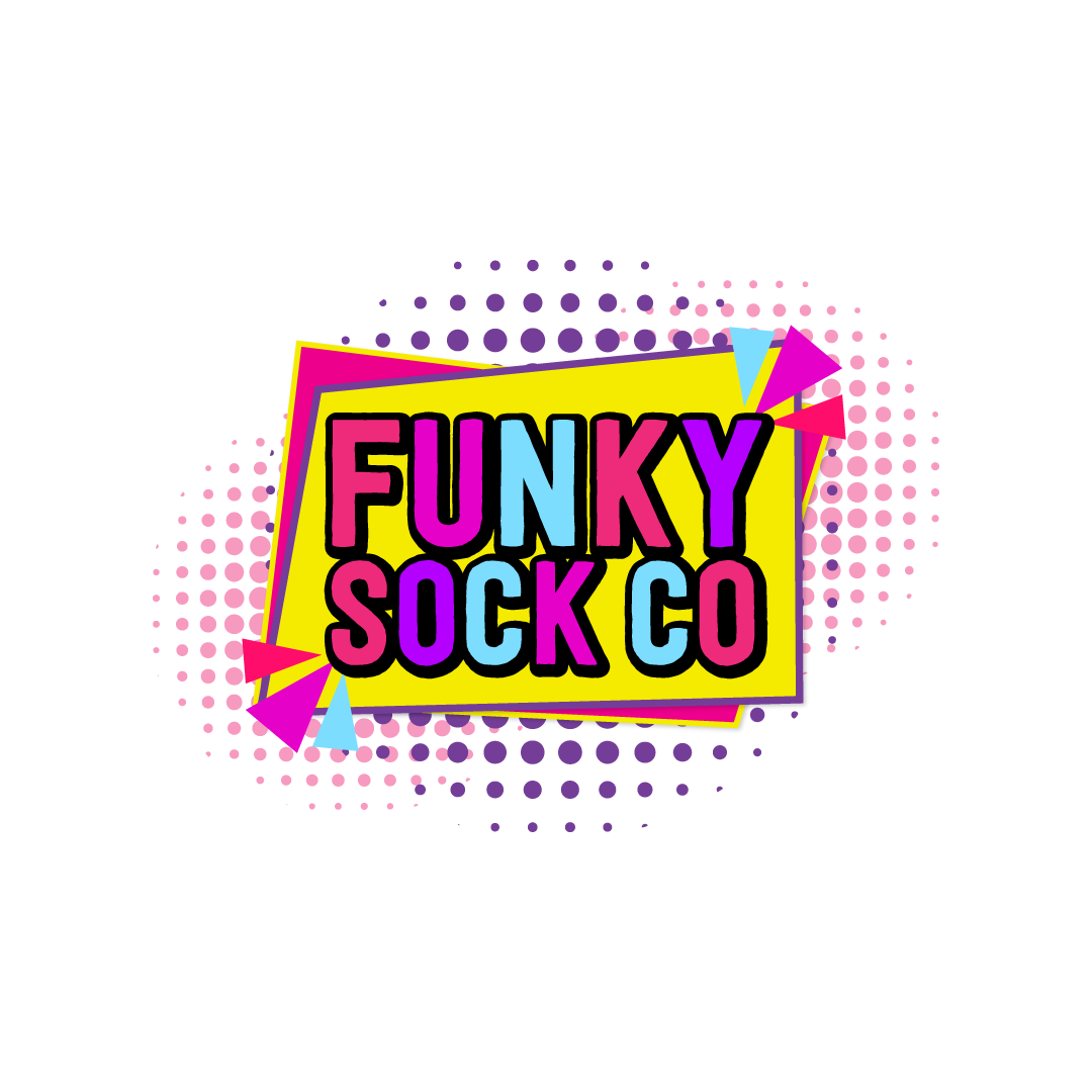 Colorful logo with the text 'FUNKY SOCK CO' in bold letters, surrounded by vibrant shapes and dotted patterns.