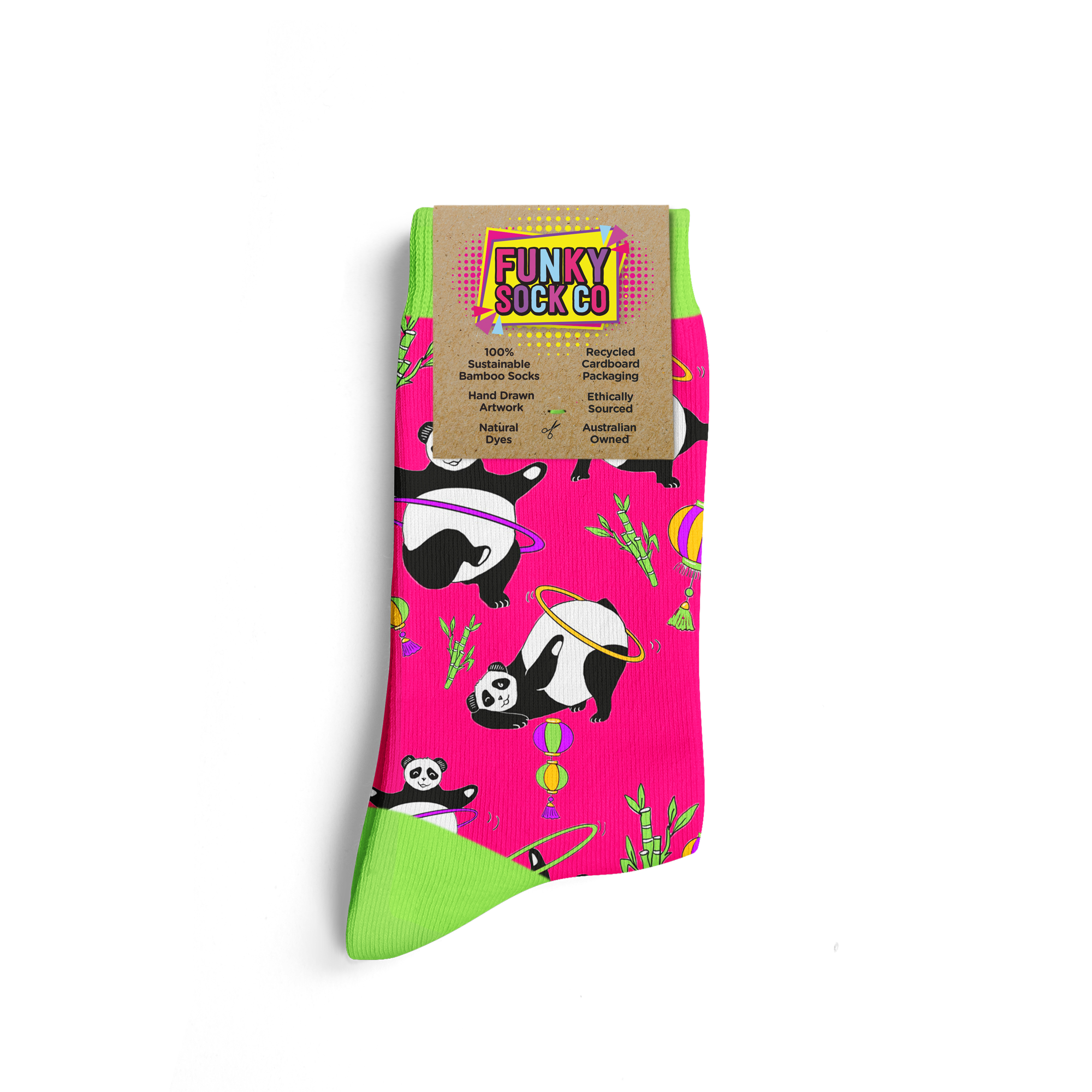 Colorful sock featuring panda bears, bamboo, lanterns, and playful designs with a label that reads 'Funky Sock Co', emphasizing eco-friendly materials and sustainable practices.