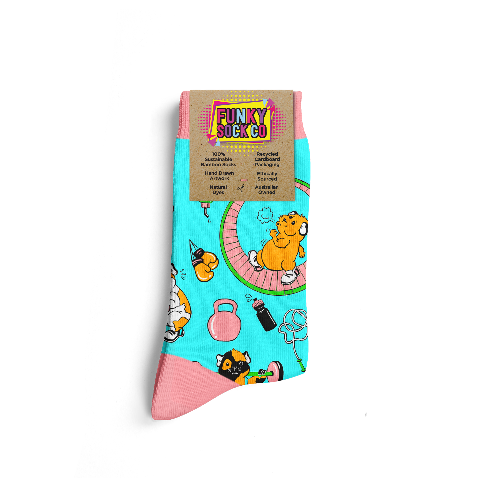 Colorful socks featuring cartoon animals and playful designs, displayed on a cardboard packaging that highlights features like sustainability and ethical sourcing.