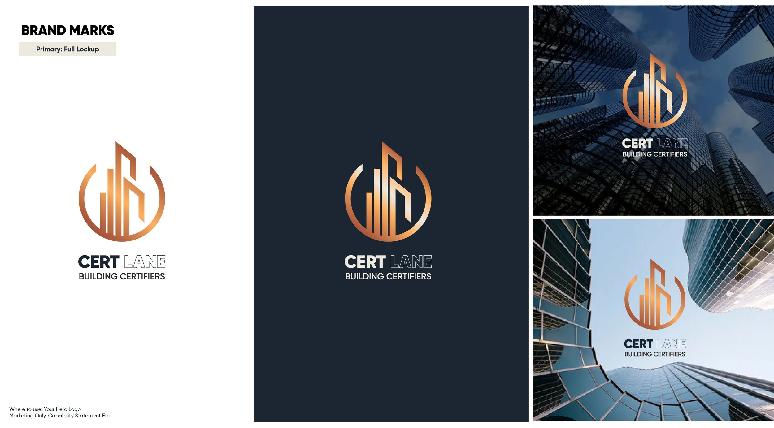 A branding board for CERT Lane Building Certifiers featuring their logo in copper-colored design, with photos of modern skyscrapers and high-rise buildings.