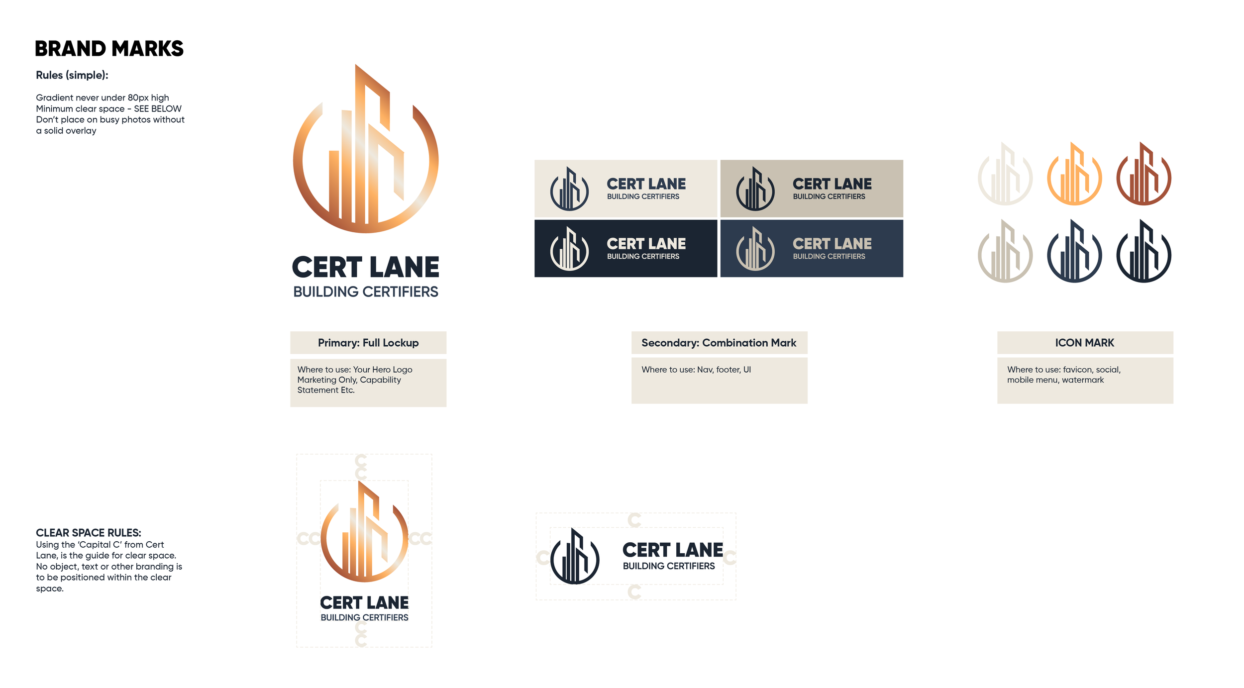 Brand marks guideline with logo variations, color options, and rules for clear space, primary, secondary, and icon mark usage.