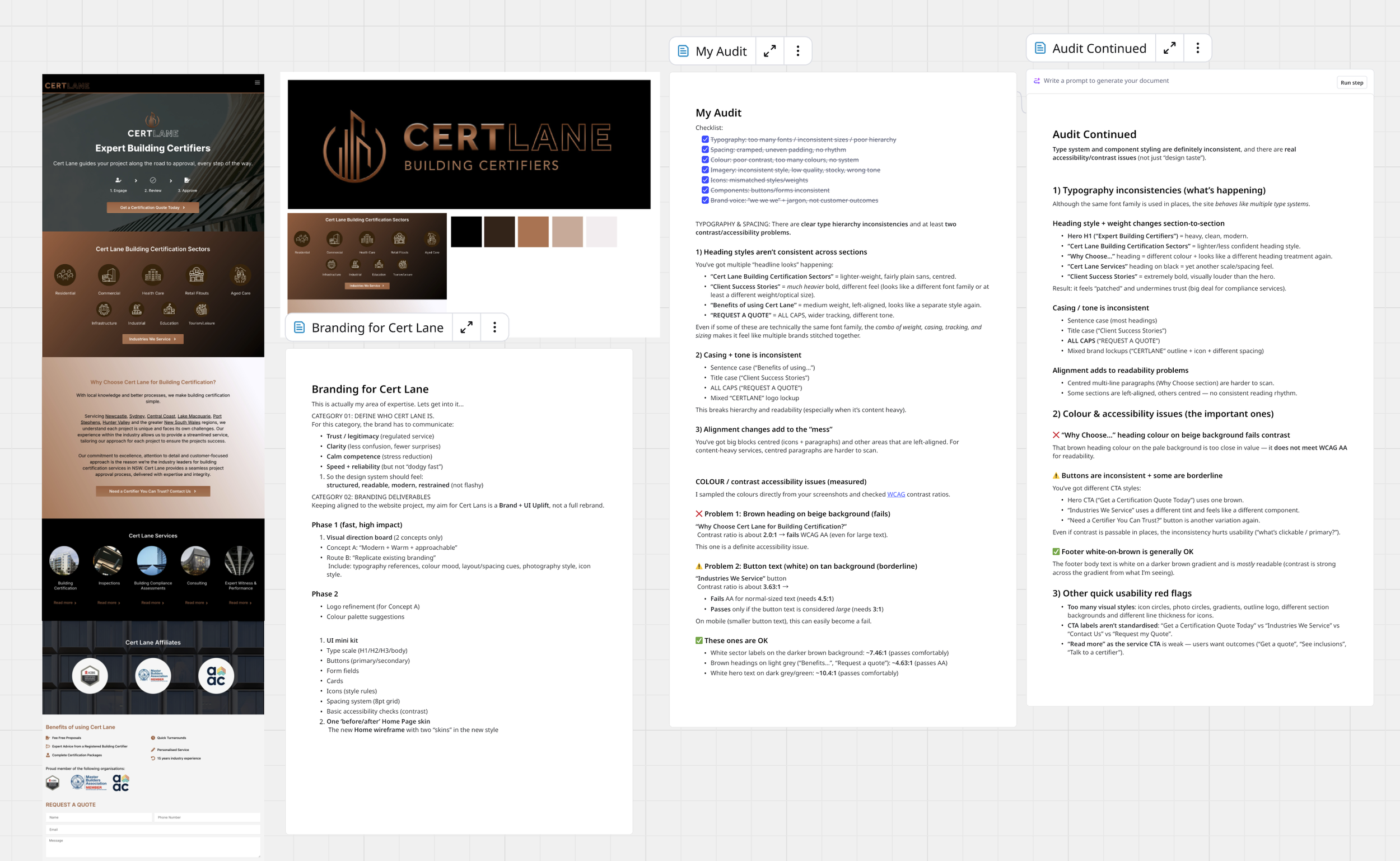A screenshot of a digital presentation or report about Cert Lane building certifiers. It includes multiple pages with headings, checklist points, branding, and details on audit standards, layout issues, and design considerations.