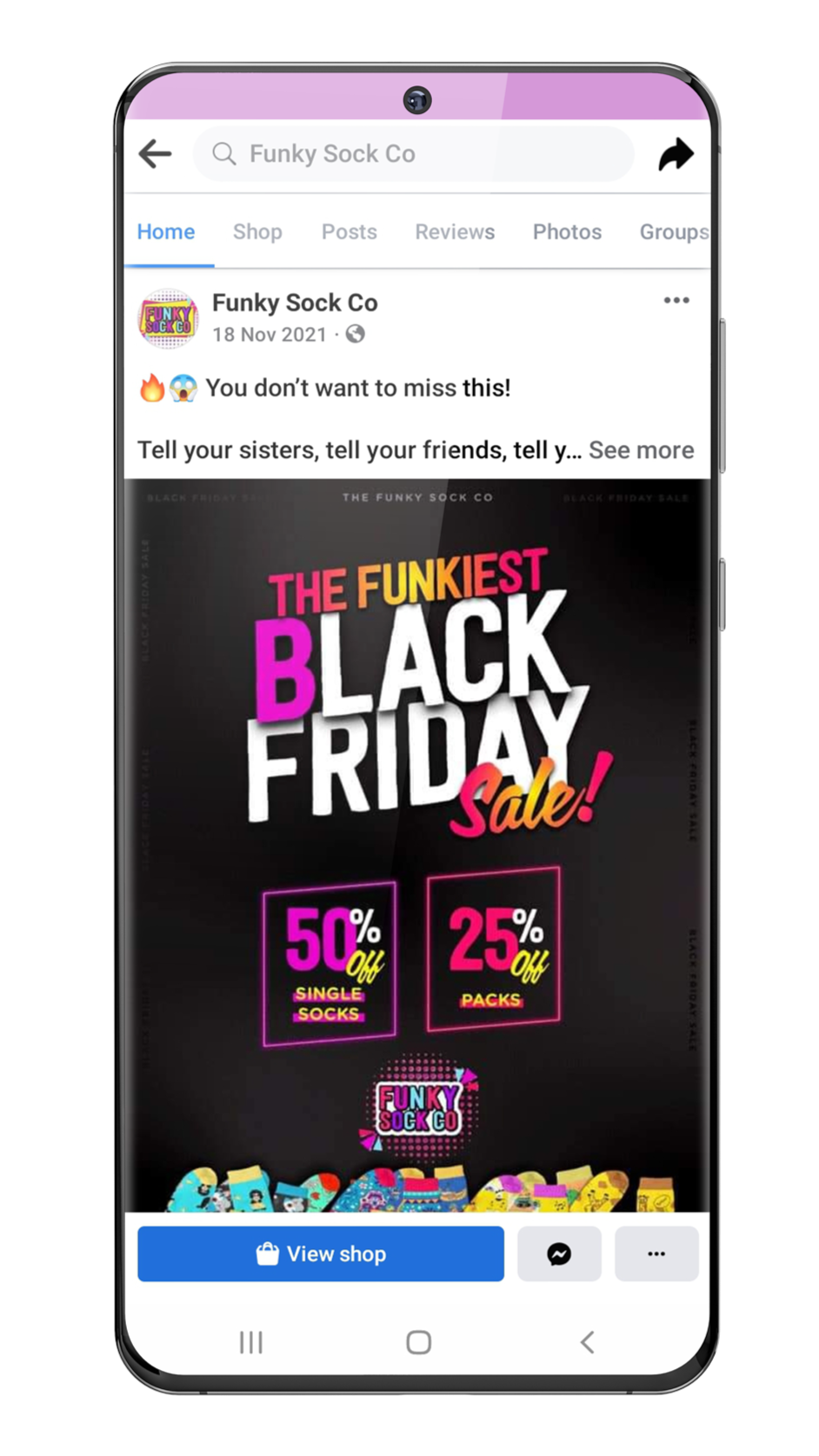 Facebook post promoting Funky Sock Co Black Friday sale with discounts of 50% off single socks and 25% off packs on a dark background with colorful text and sock images at the bottom.