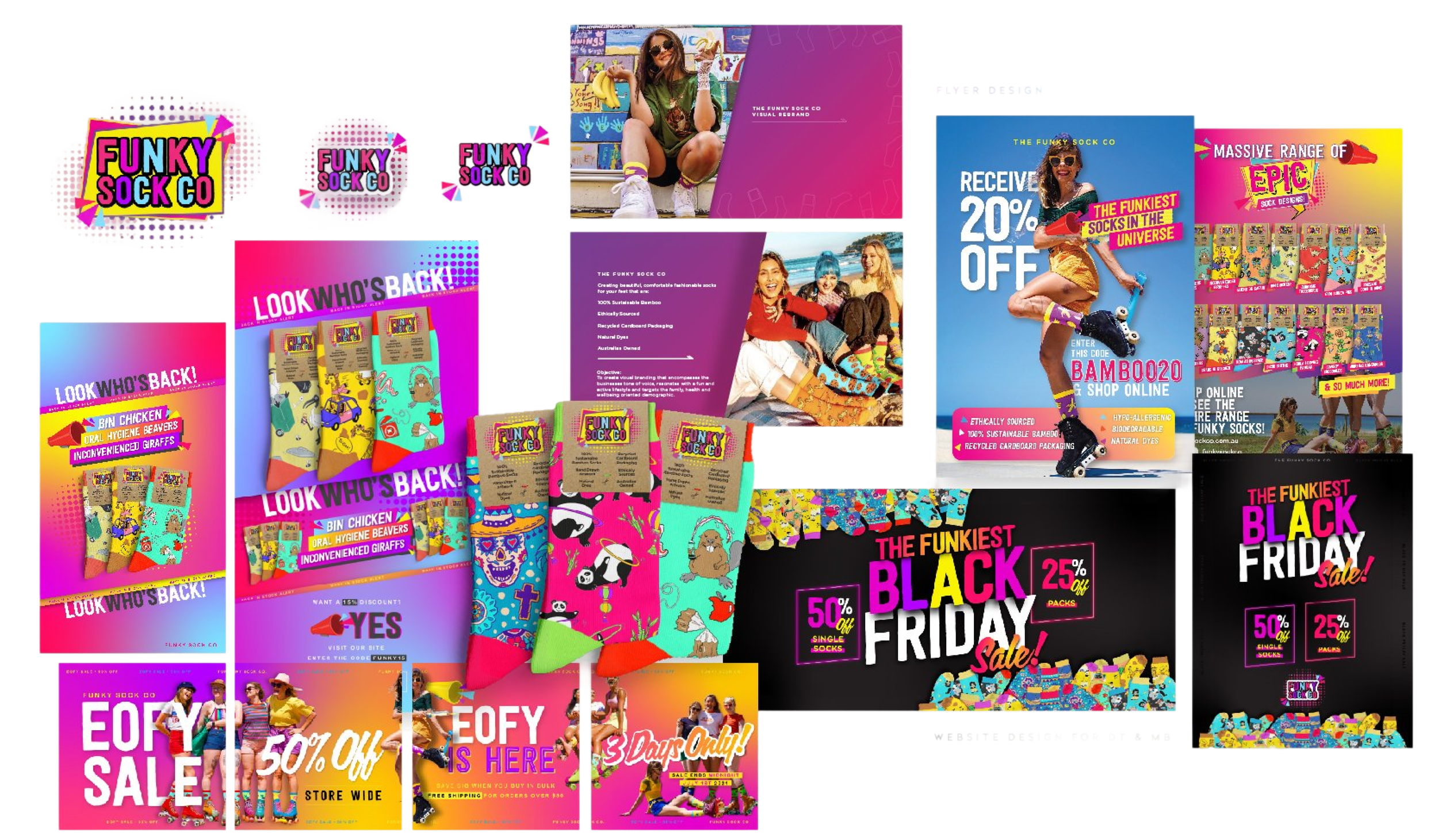 Collage of promotional advertisements for Funky Sock Co, showcasing colorful socks, marketing slogans, discount offers, and images of young women wearing socks in cheerful outdoor and urban settings.