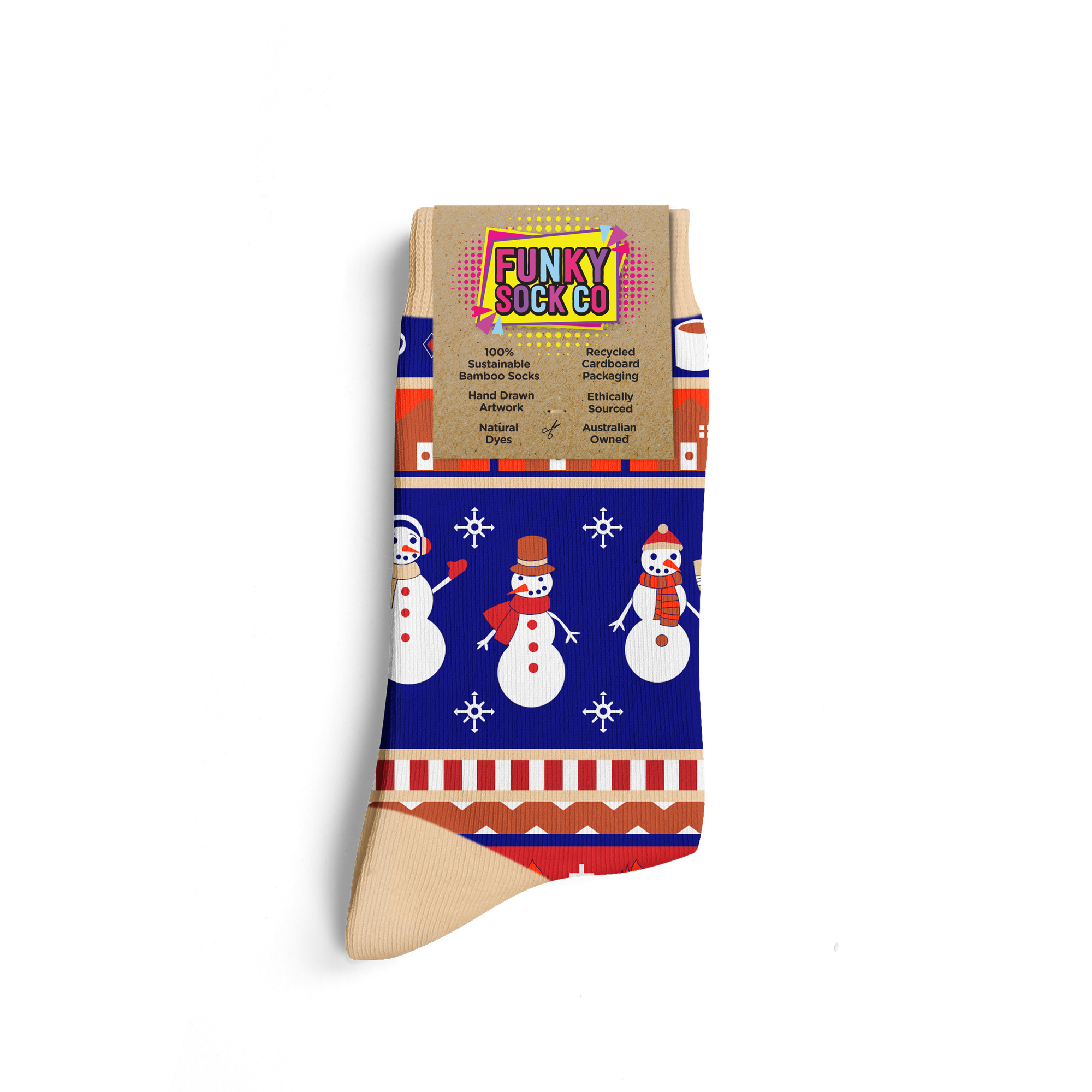 A holiday-themed sock with snowmen, snowflakes, and festive colors. The sock features a label promoting eco-friendly bamboo socks with recycled packaging.