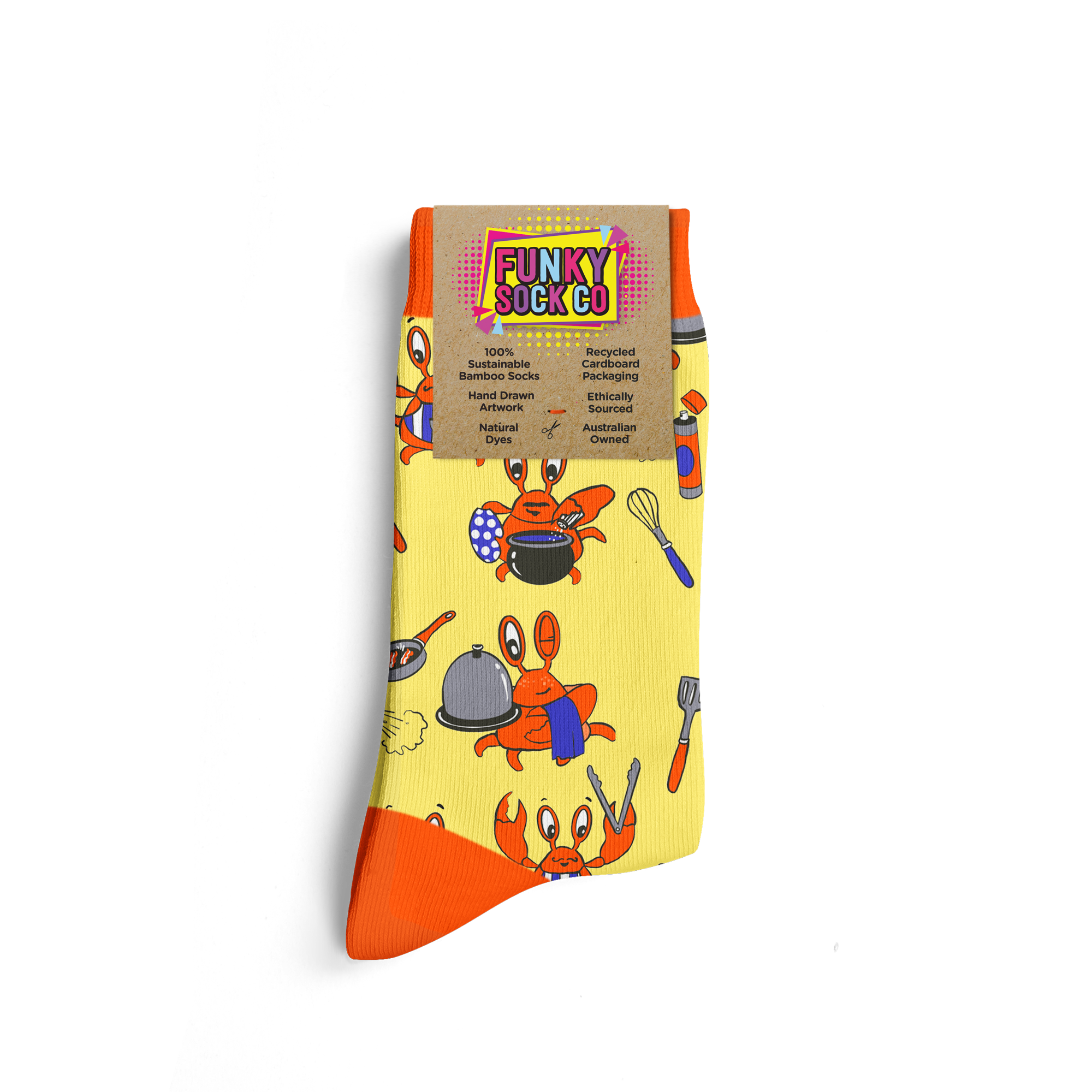 Colorful sock featuring various illustrations of crayfish and cooking utensils, with a label indicating eco-friendly attributes like sustainable bamboo fibers and recycled packaging.