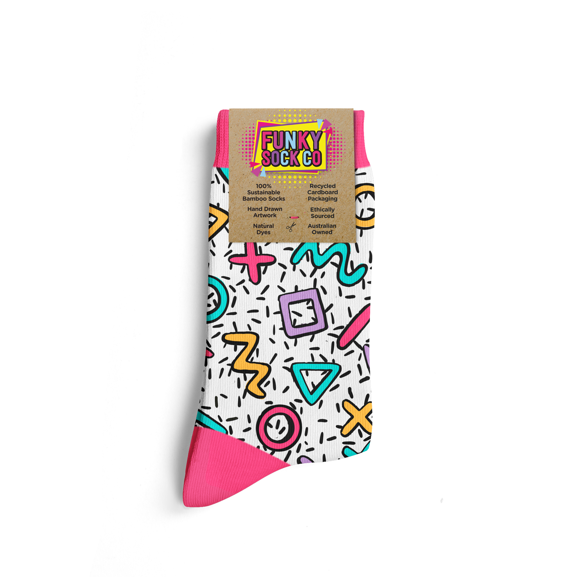 Colorful sock with 1990s-style abstract patterns and a label indicating eco-friendly features such as sustainable bamboo fibers, recycled packaging, and natural dyes.