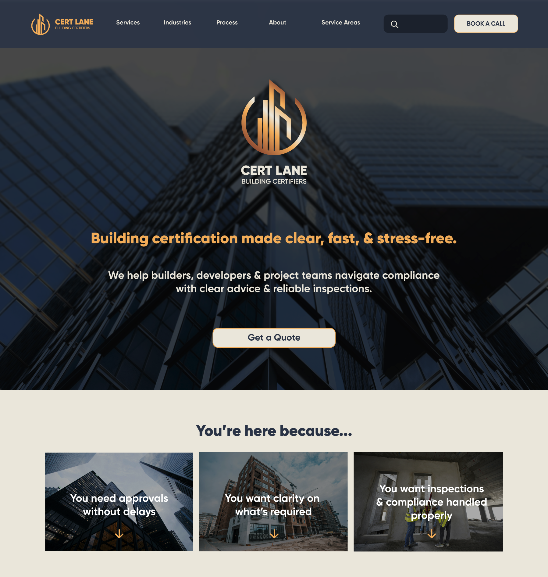Screenshot of Cert Lane website homepage showing high-rise buildings and construction sites with a focus on building certification services.