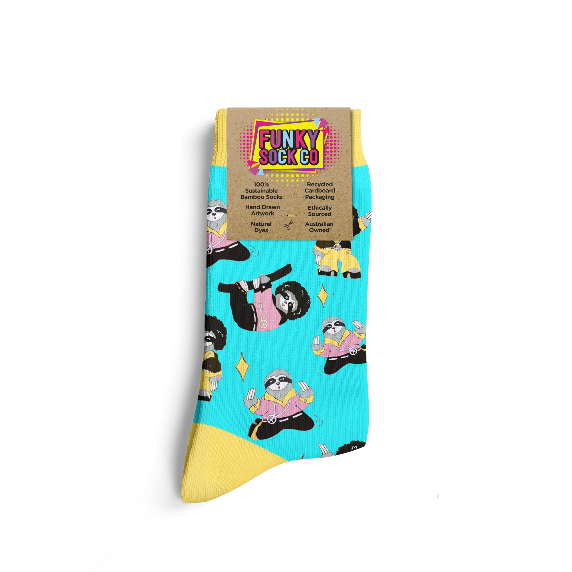 Colorful socks with cartoon characters and designs, featuring bright blue, yellow, pink, and black colors.