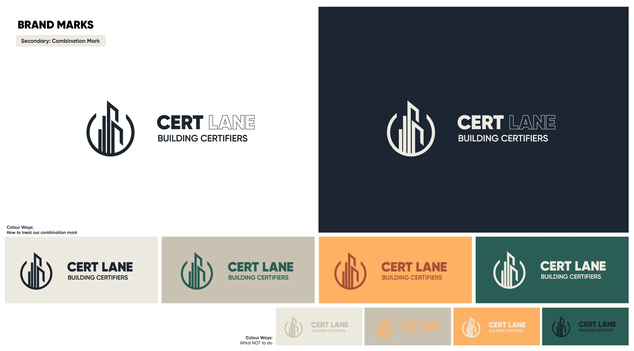 A chart illustrating different color ways for the Cert Lane building certification logo, including options with a primary logo on light and dark backgrounds, and variations in color schemes for branding purposes.