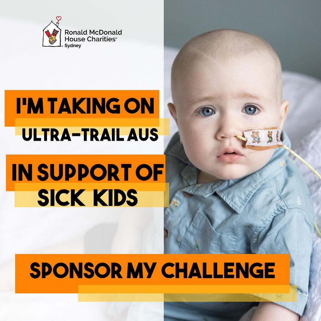 As some of you may know the I&rsquo;m taking part in @ultratrailaustralia 50km and raising funds to support sick injured children staying in Ronald McDonald House in Randwick.

I&rsquo;m hoping to raise funds to keep sick kids and their families toge