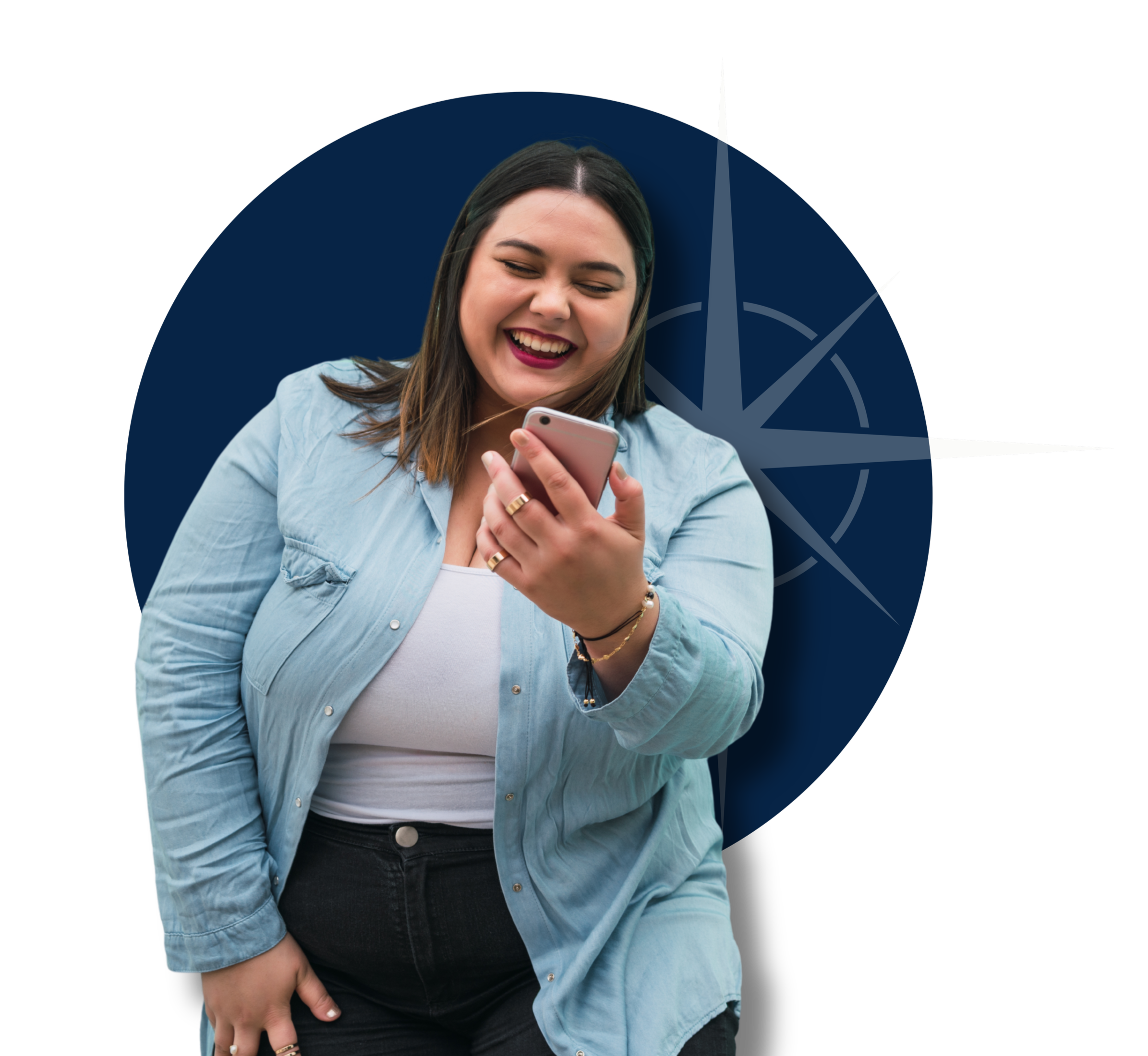 A woman smiling while looking at her phone, standing against a dark background with a circular graph element behind her.