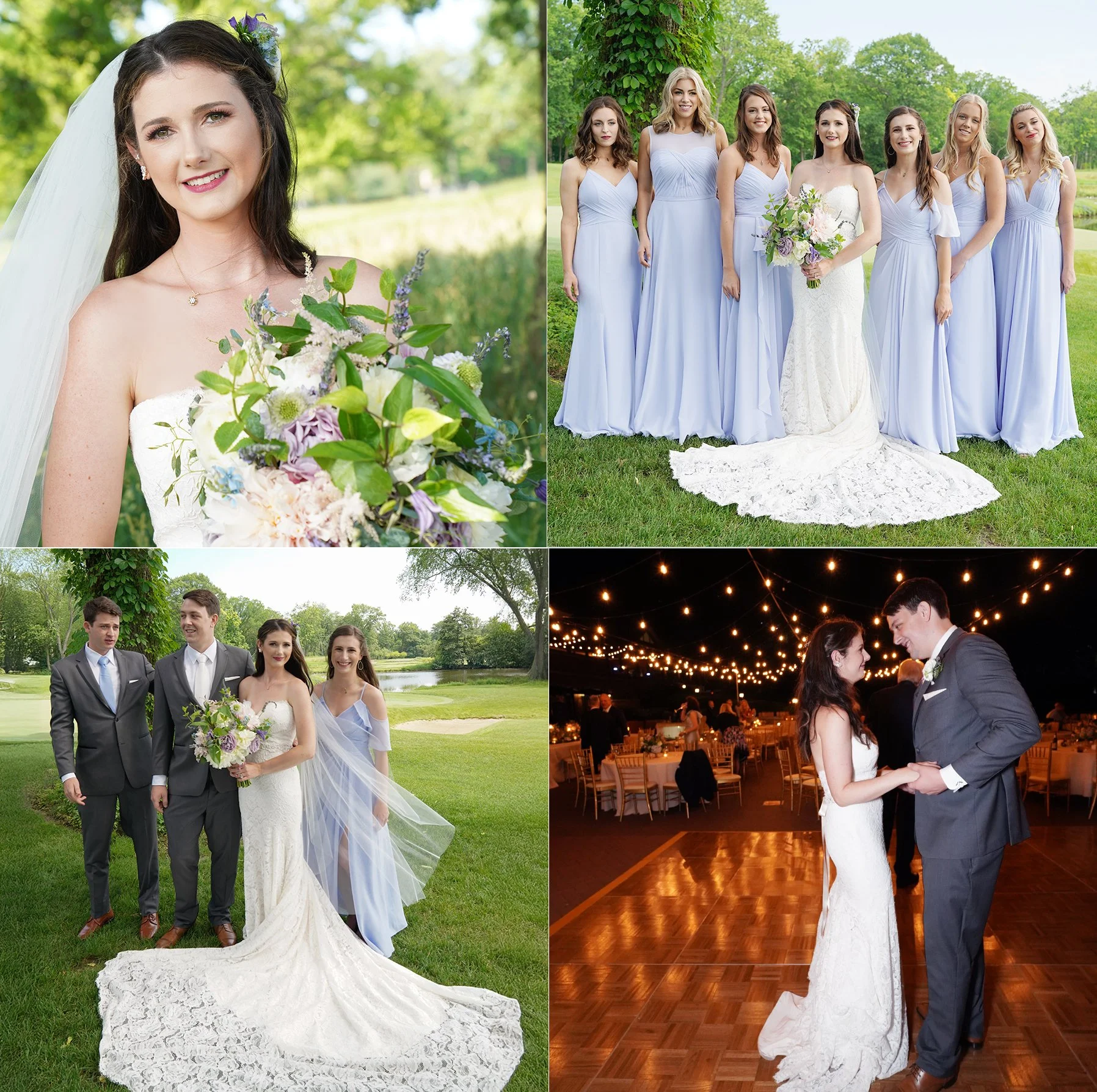Collage of wedding photos following the timeline of bride, formal portraits to evening end bride and groom last dance