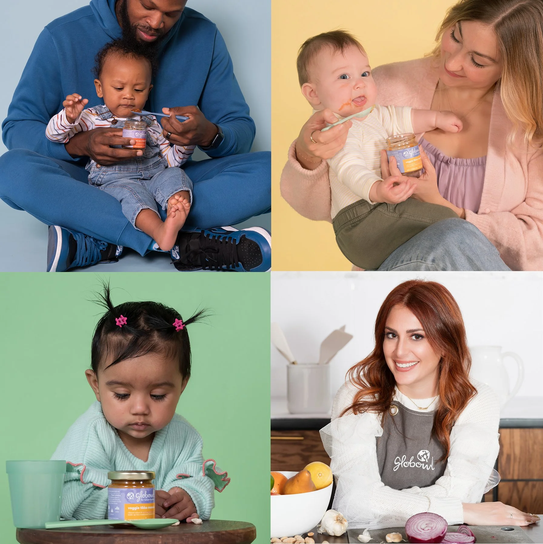 Collage of babies of diverse backgrounds eating baby food the chef and founder of the baby food company Globowl