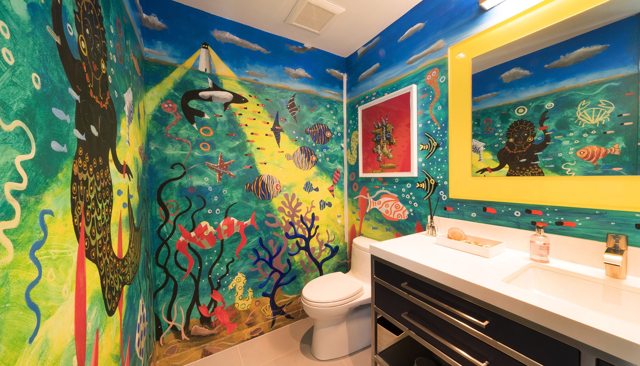 colorful whimsical beach house bathroom  for interior design brochure