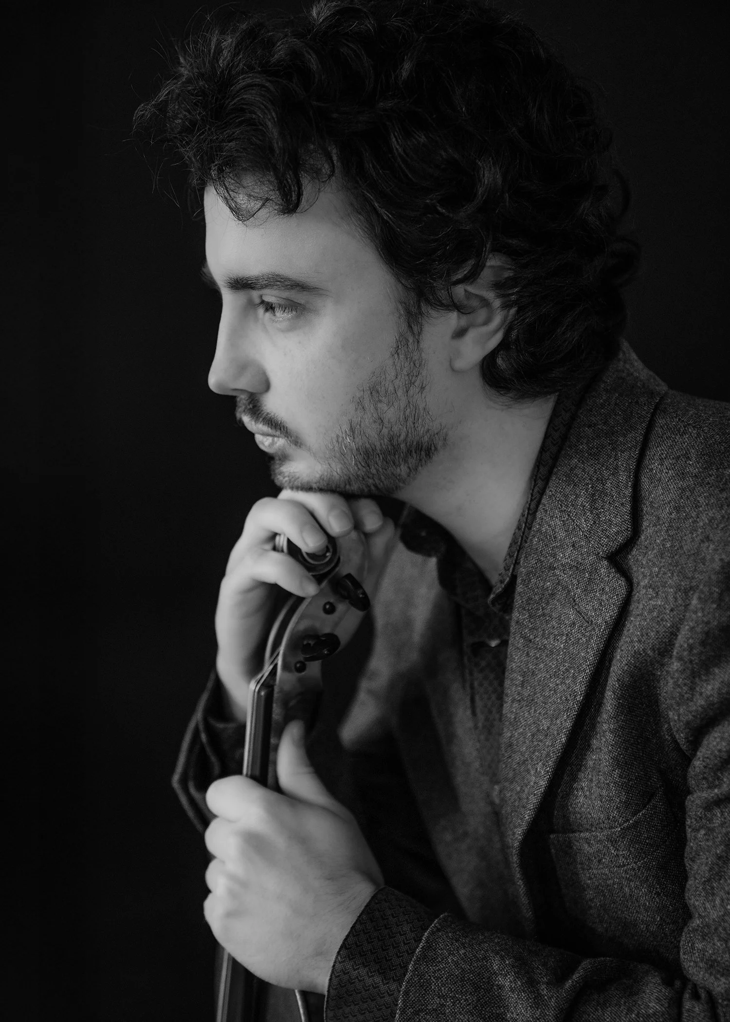 black and white studio portrait violin paper.JPG