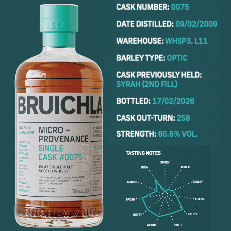 Bruichladdich Single Cask Pick #0075 17yo 2nd fill syrah cask 60.6% abv with Allview Liquors - DRINQY.com Drammers Whiskey and Spirits Club Whisky Agave Mezcal Rum Bourbon Scotch Rye DRINQY Drople.png