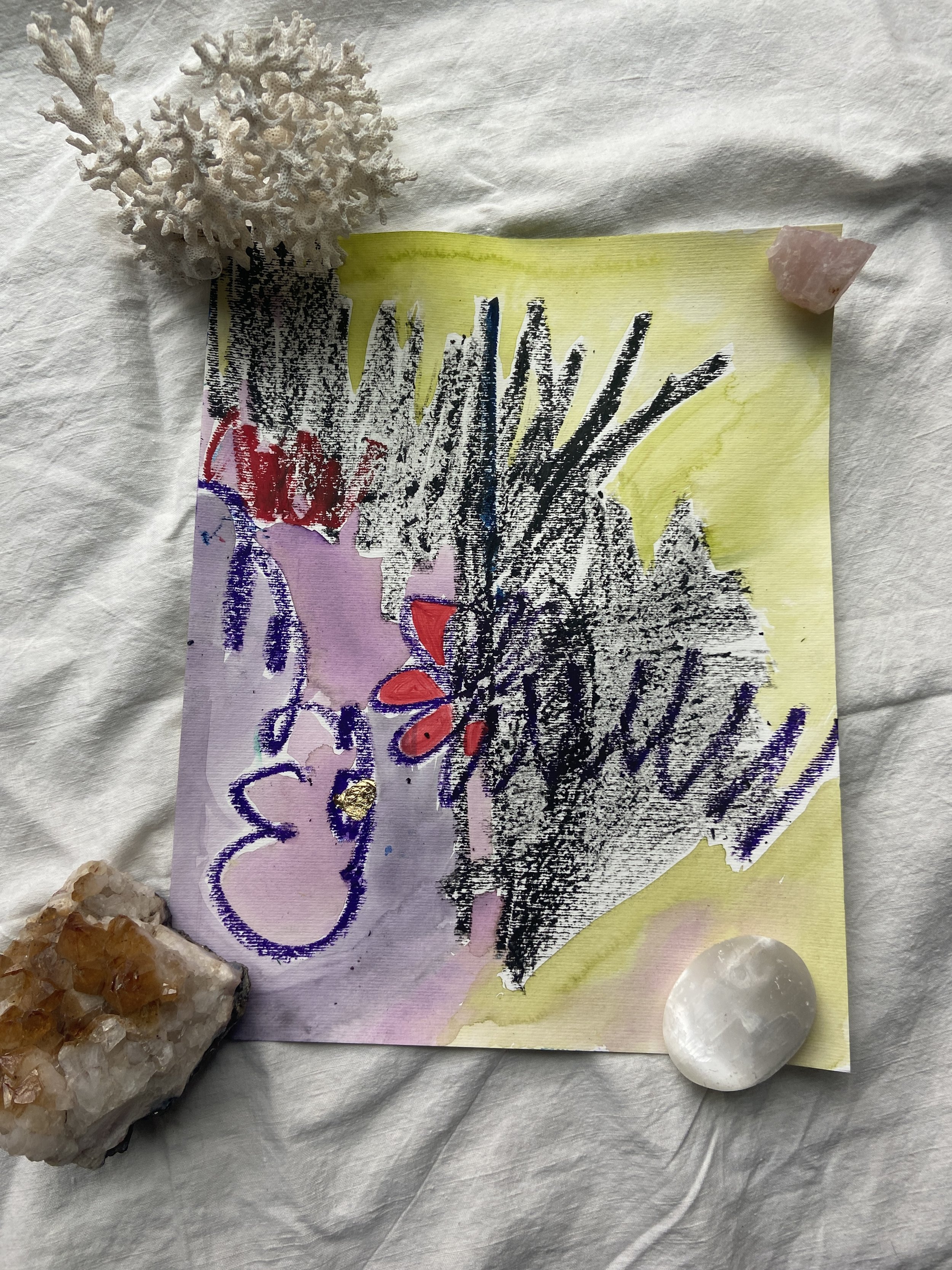 Belief 2023
water color, acrylic, oil pastels, gold leaf