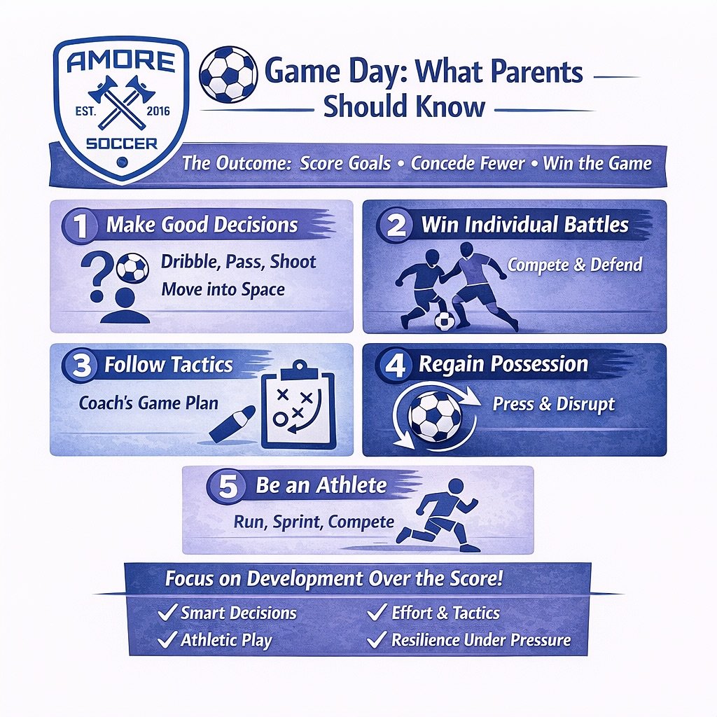 Game Day: What Parents Should Know ⚽

The outcome of the game is simple
Score goals ⚽
Concede fewer 🛑
Win the game 🏆

But before teams reach that outcome, players are working through many important moments during the match.

They are trying to
&bul