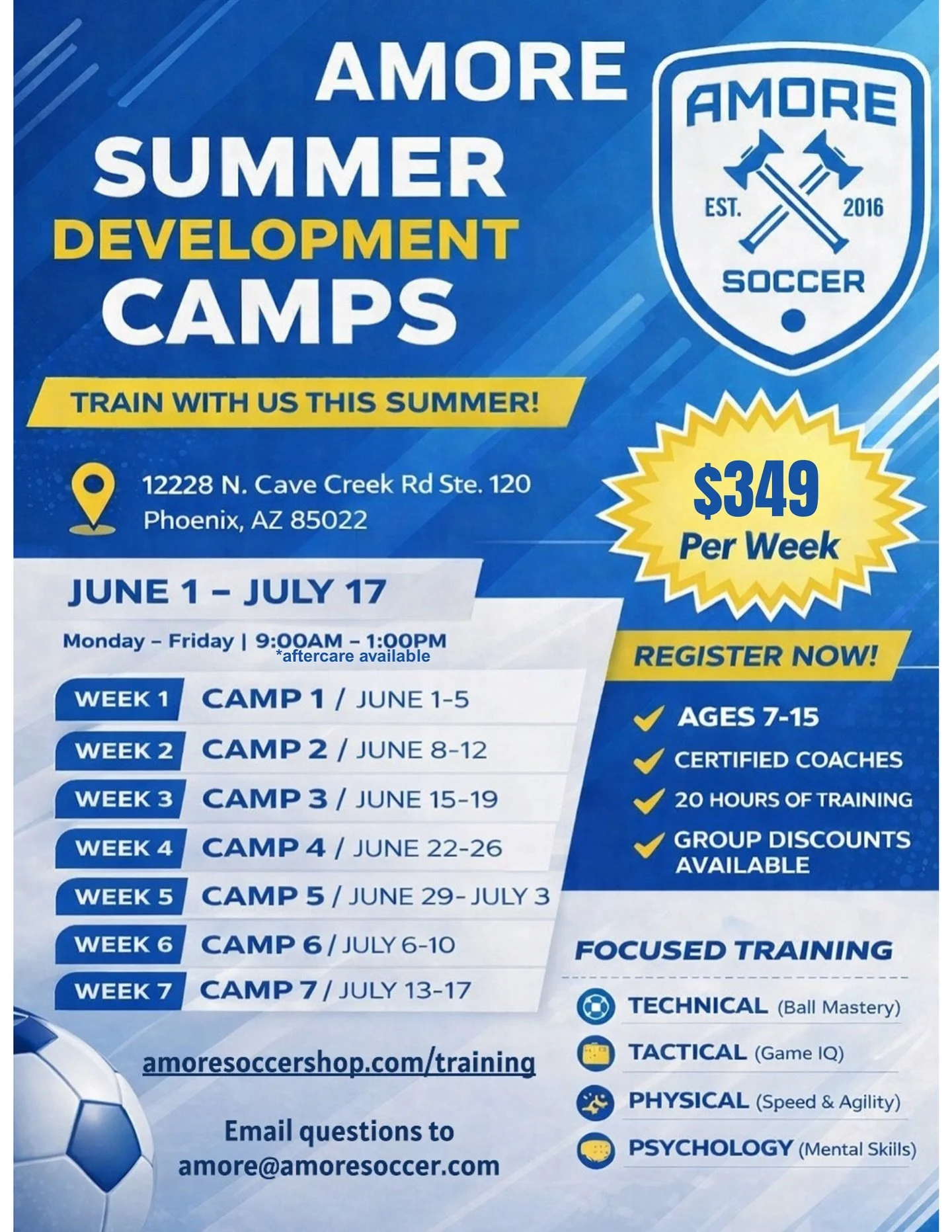 🔥 Beat the Arizona heat this summer! ❄️⚽️

Join us at Amore Soccer for our Summer Development Camps &mdash; all held indoors with A/C so players can train at a high level while staying cool 💪

📍 12228 N. Cave Creek Rd Ste. 120, Phoenix
📅 June 1 &