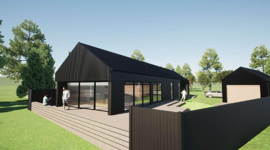 Modern black house with large glass windows, surrounded by a wooden deck, lawn, and trees with people on the deck and driveway.