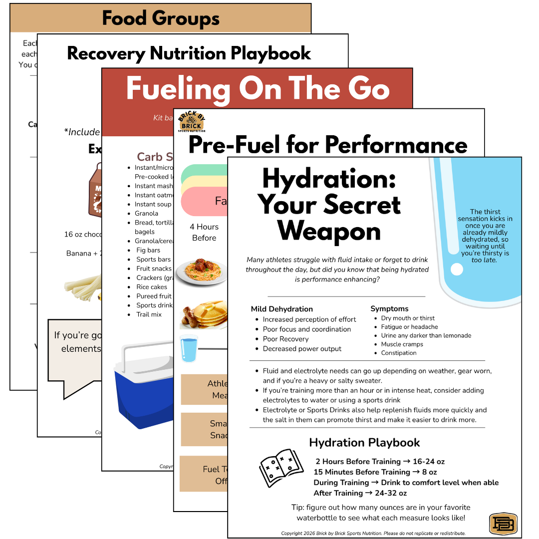 Scaled down visual of nutrition handouts depicting topics of hydration, pre-fuel for performance, fueling on the go, recovery nutrition playbook, and food groups