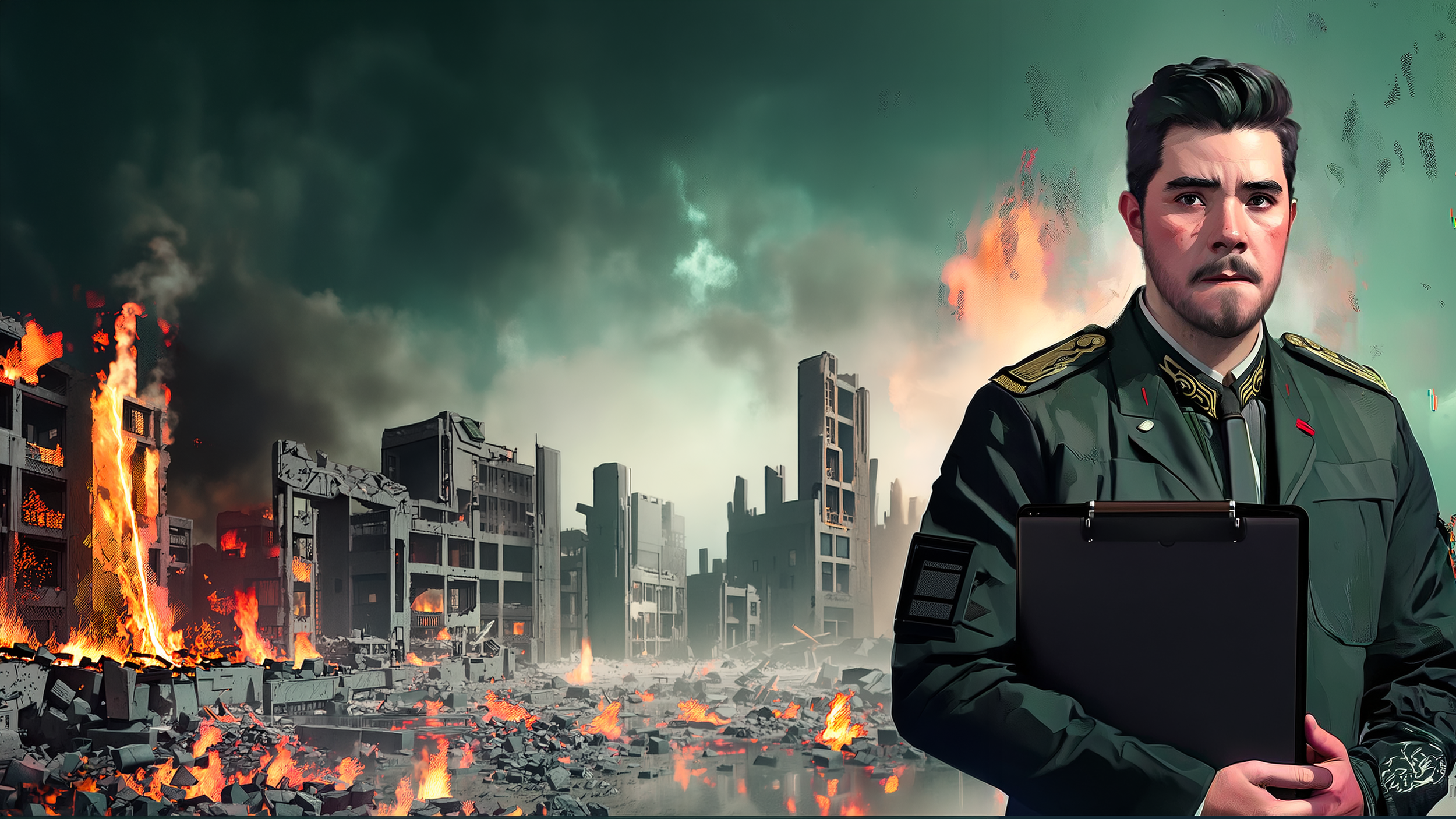 A grimdark warrior of The Prophecy stands before a burning city — dark fantasy sci-fi lore character.