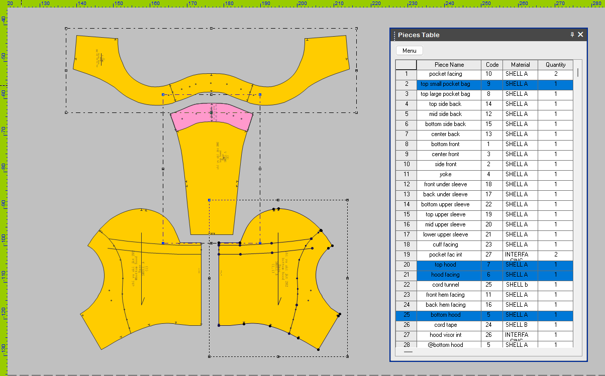 Hood pattern pieces on Optitex working space