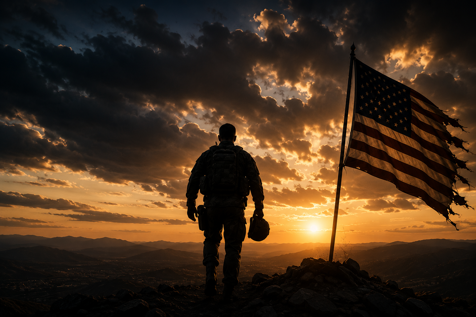 A soldier in uniform holding a helmet, walking toward the sunset on a mountain ridge, with an American flag waving nearby and a cloudy sky overhead.