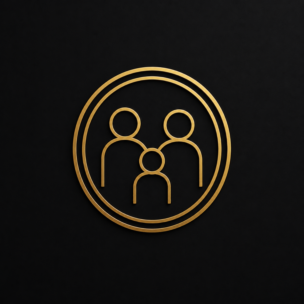 Gold outline icon of three people on a black background.