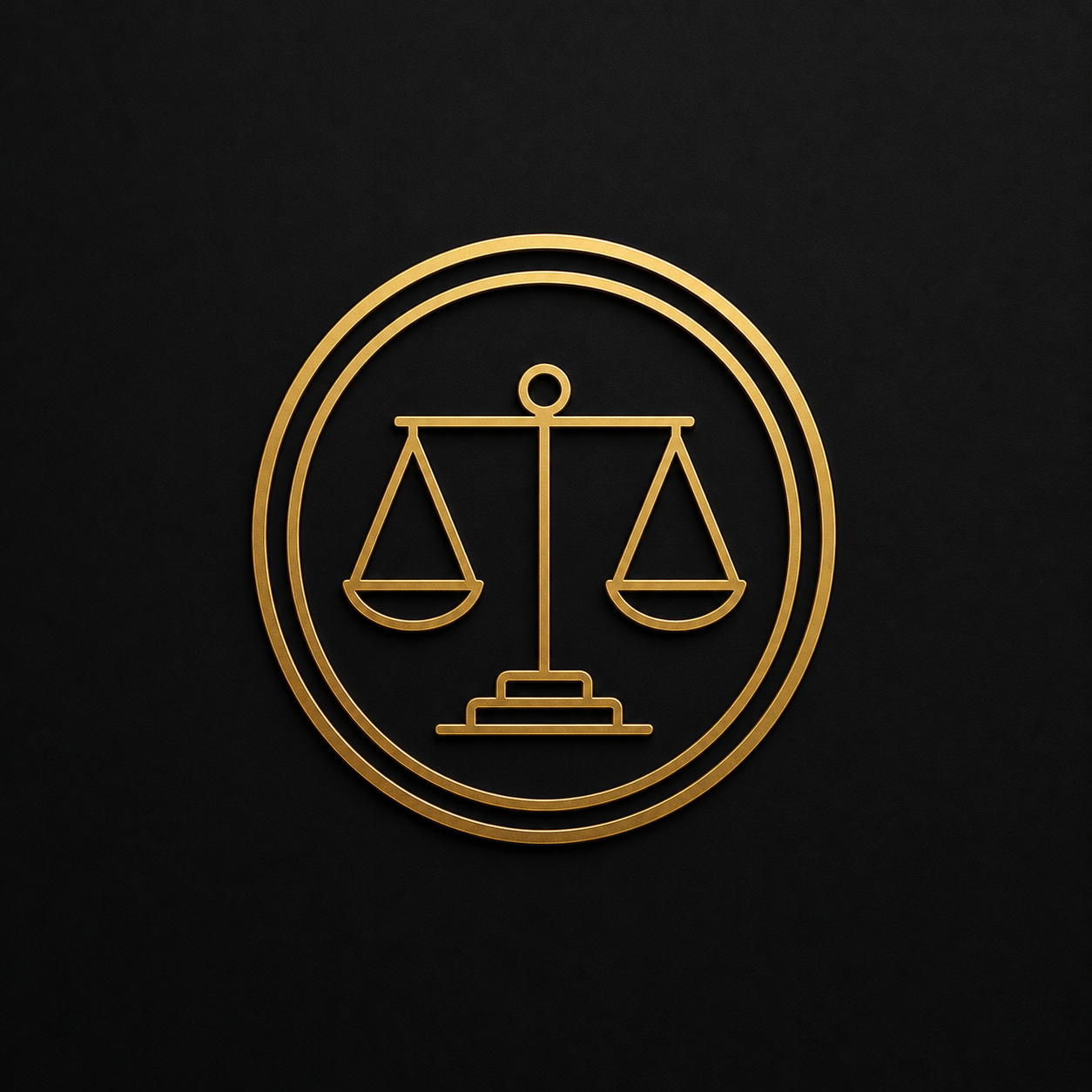 Gold outline of a balance scale inside a double circular gold border on a black background.