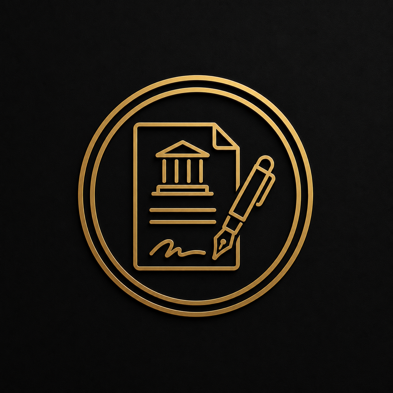 Gold outline icon of a legal document with a courthouse building symbol and a fountain pen on a black background.